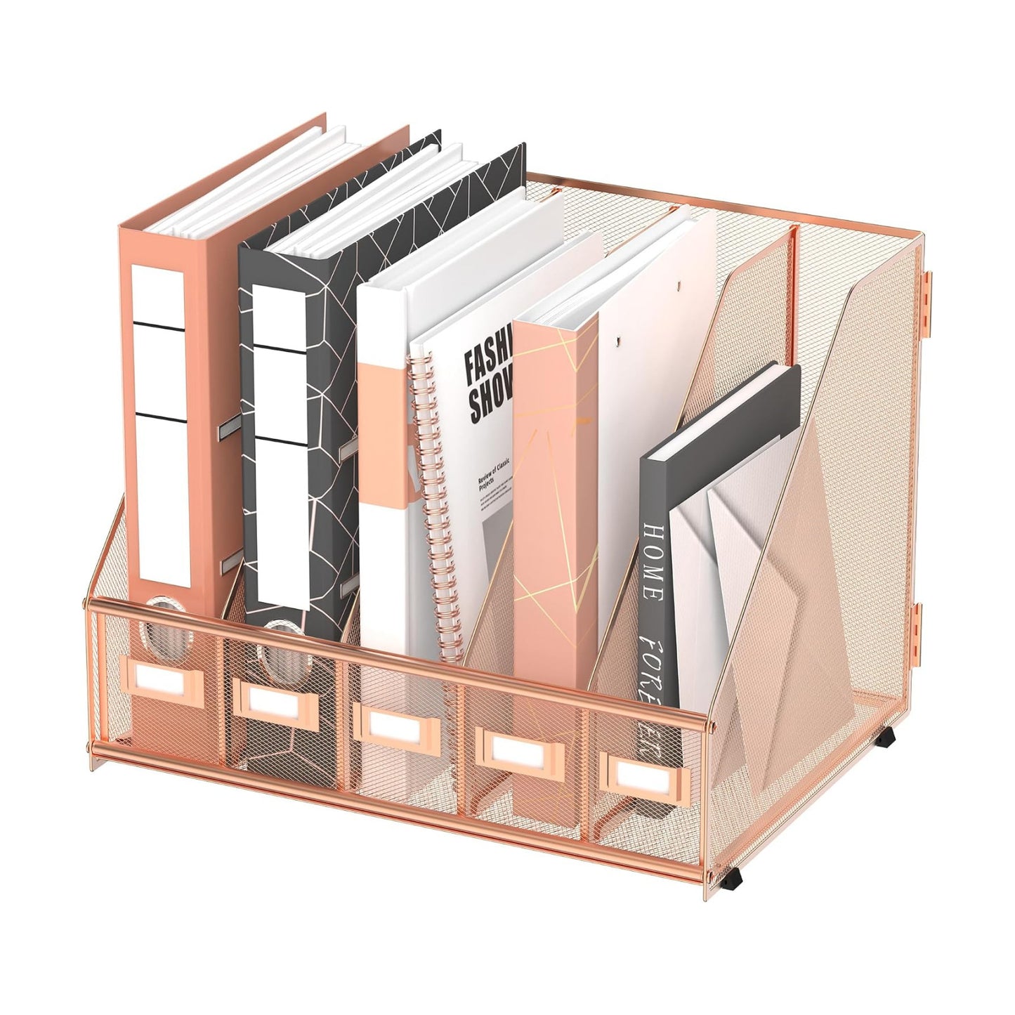 DALTACK 5-Slot Magazine File Holder, Metal Binder Holder, Rose Gold | Iron Mesh Construction, Labeled Sections for Easy