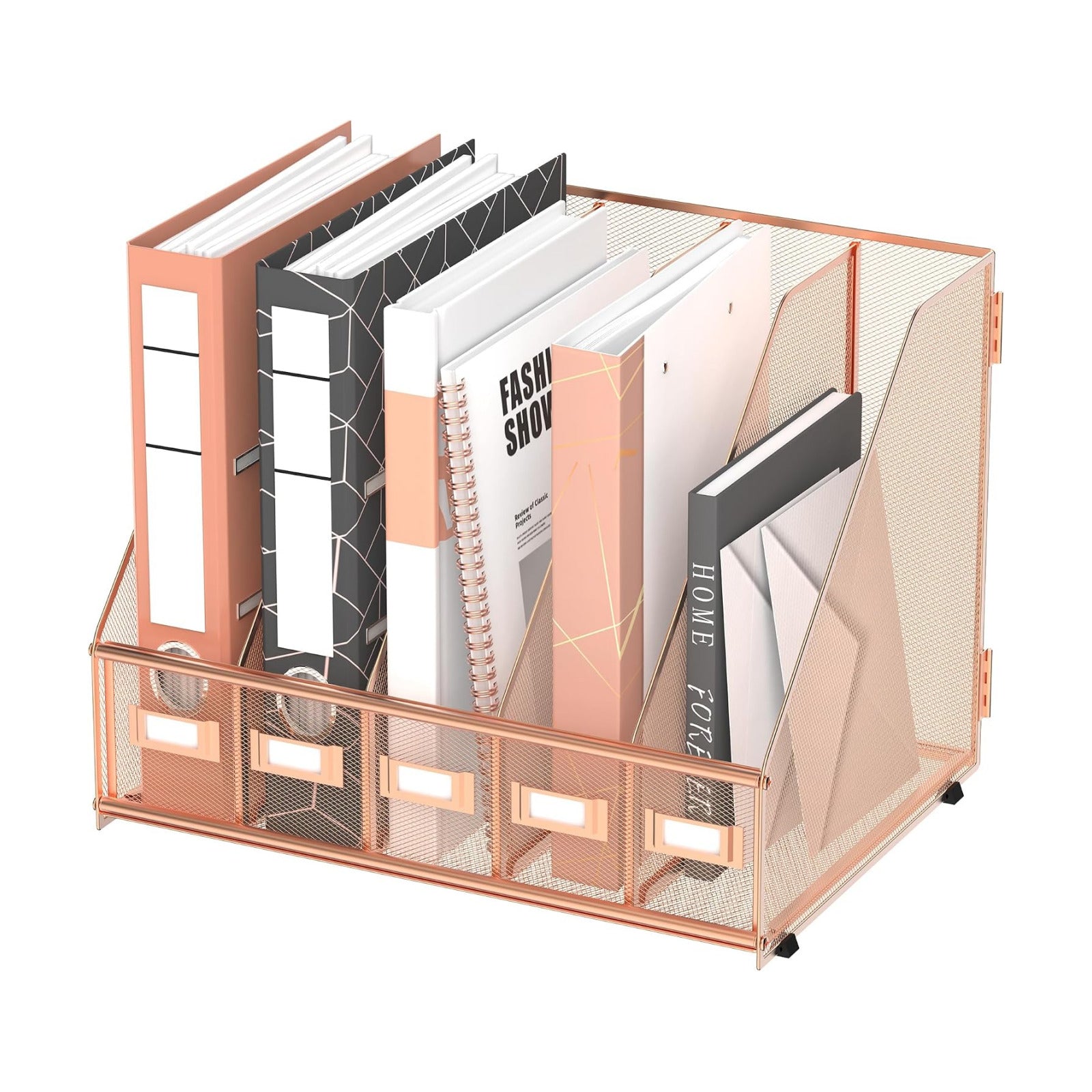 DALTACK 5-Slot Magazine File Holder, Metal Binder Holder, Rose Gold | Iron Mesh Construction, Labeled Sections for Easy
