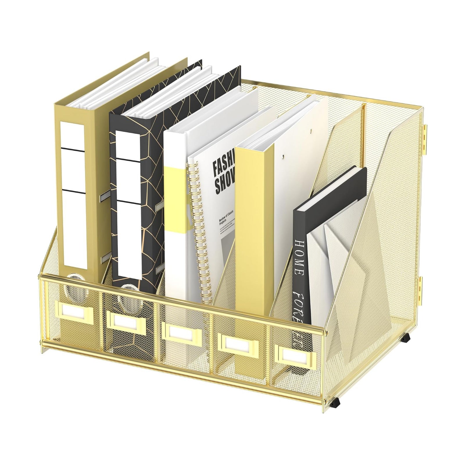 DALTACK 5-Slot Magazine File Holder, Metal Binder Holder, Gold | Iron Mesh Construction, Labeled Sections for Easy