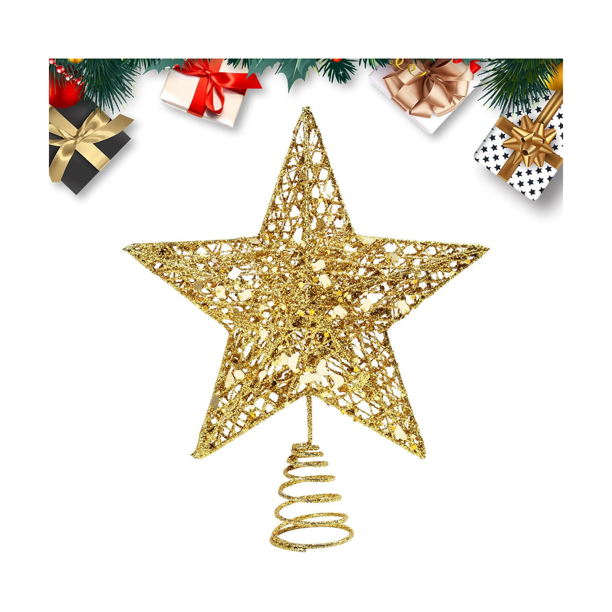 Christmas Tree Topper Star Small Gold Christmas Star Metal Glitter Xmas Tree Topper for Pencil Trees Decorations 8 Inch