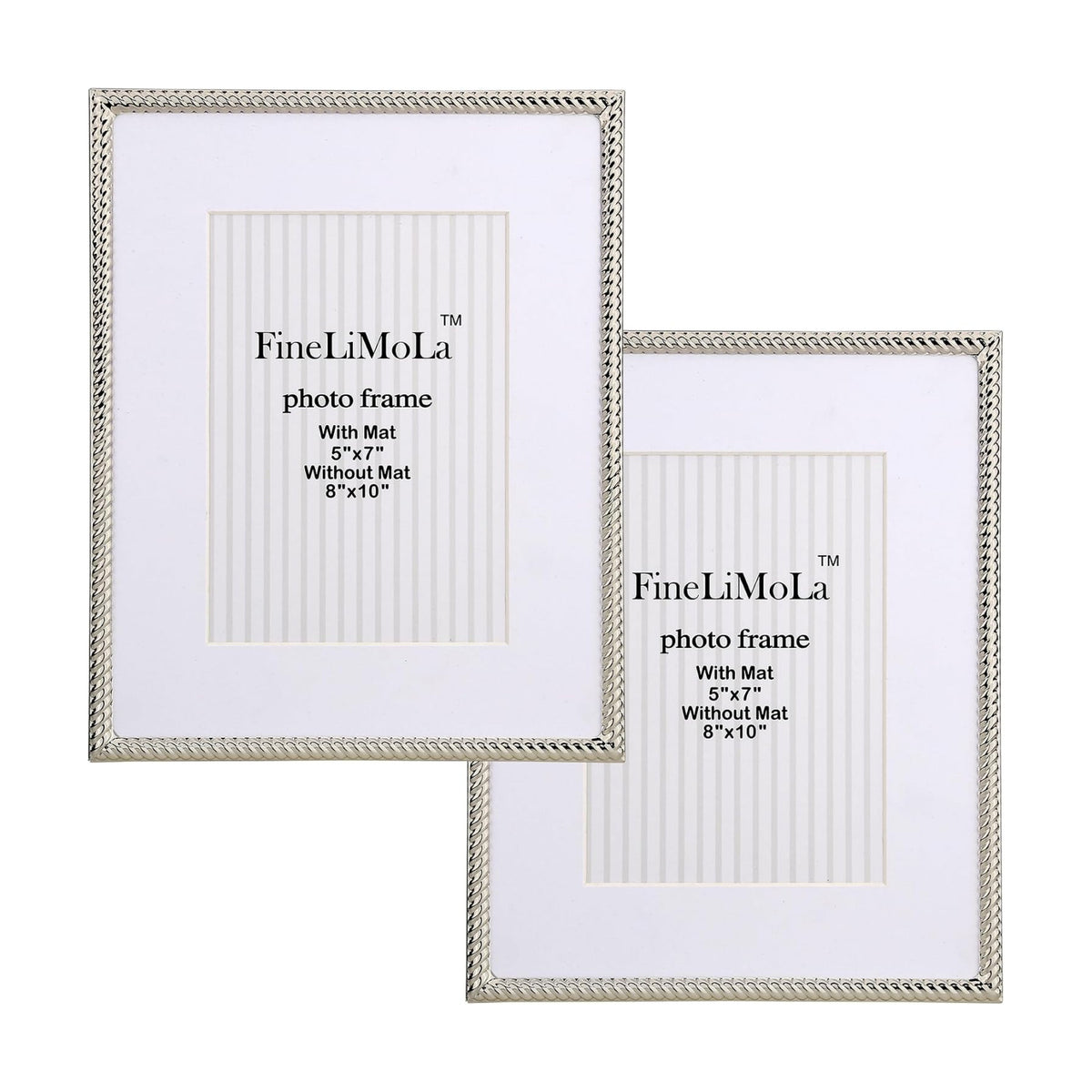 Silver 8x10'' Rope Design Metal Picture Frames 2 Pack with Acid Free Mat for 5x7'',Silver Photo Frame 7x5'',Hi Quality
