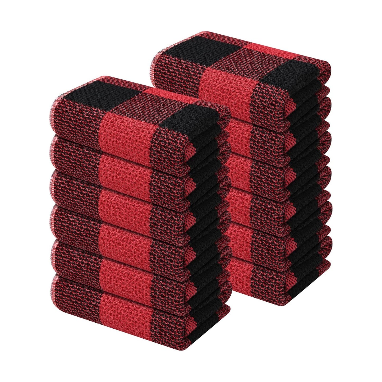 Mordimy Cotton Waffle Weave Kitchen Towels, 13"x 28", 12 Pack, Black & Red | Super Soft and Absorbent Buffalo Check