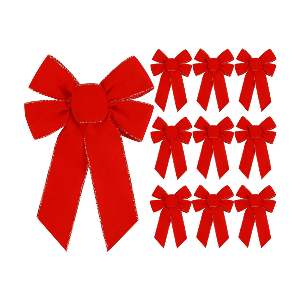 Yuubin 10 Pcs Red Bows Christmas Tree Decorations,9”x13” Large Velvet Wreath Bow with Glitter Gold Edge for Xmas Home Fence Stairs Railing Fireplace Indoor Outdoor Front Door Decor