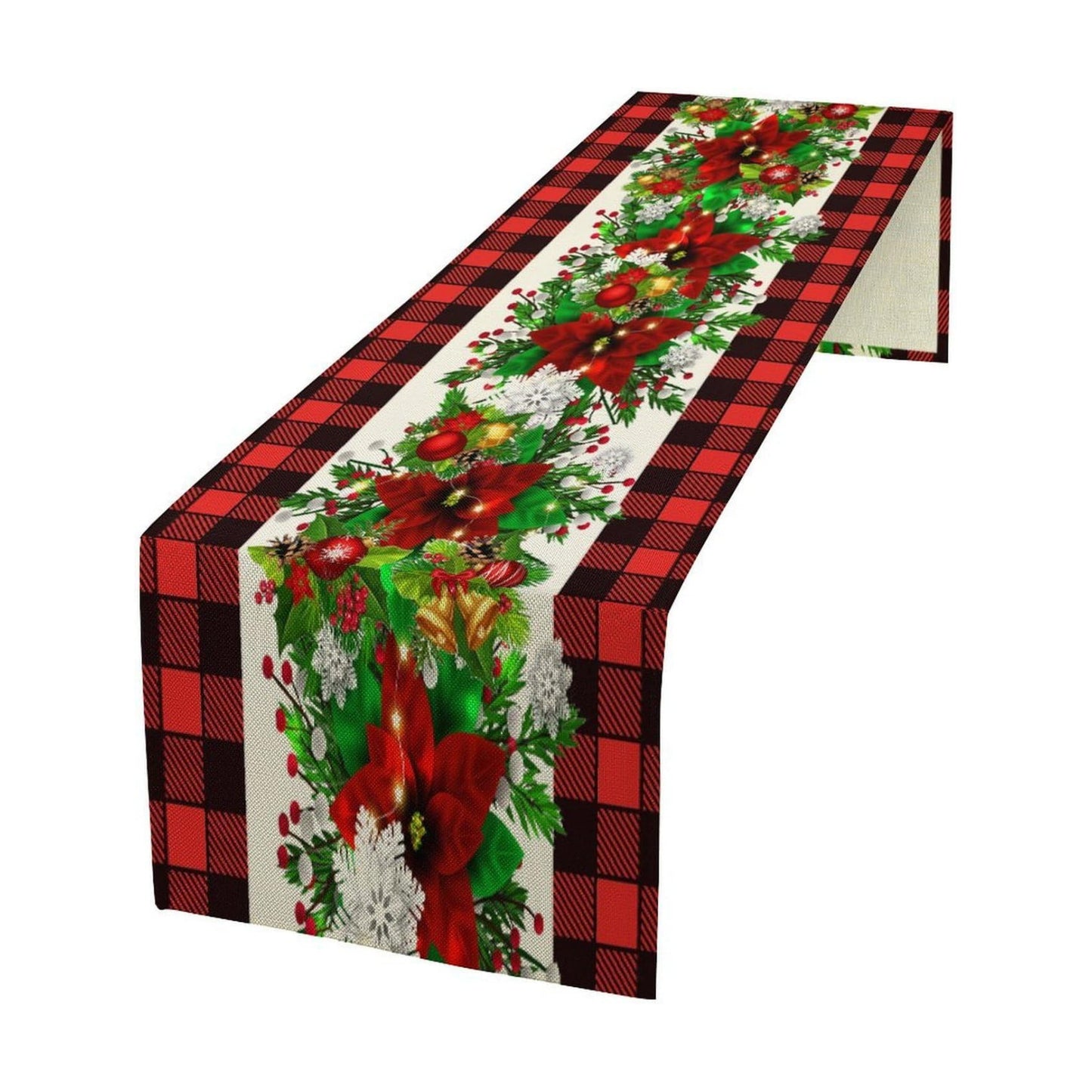 Christmas Linen Table Runner, Red and Black Buffalo Plaid Winter Xmas Holiday Farmhouse Style Patterns Printed Linen