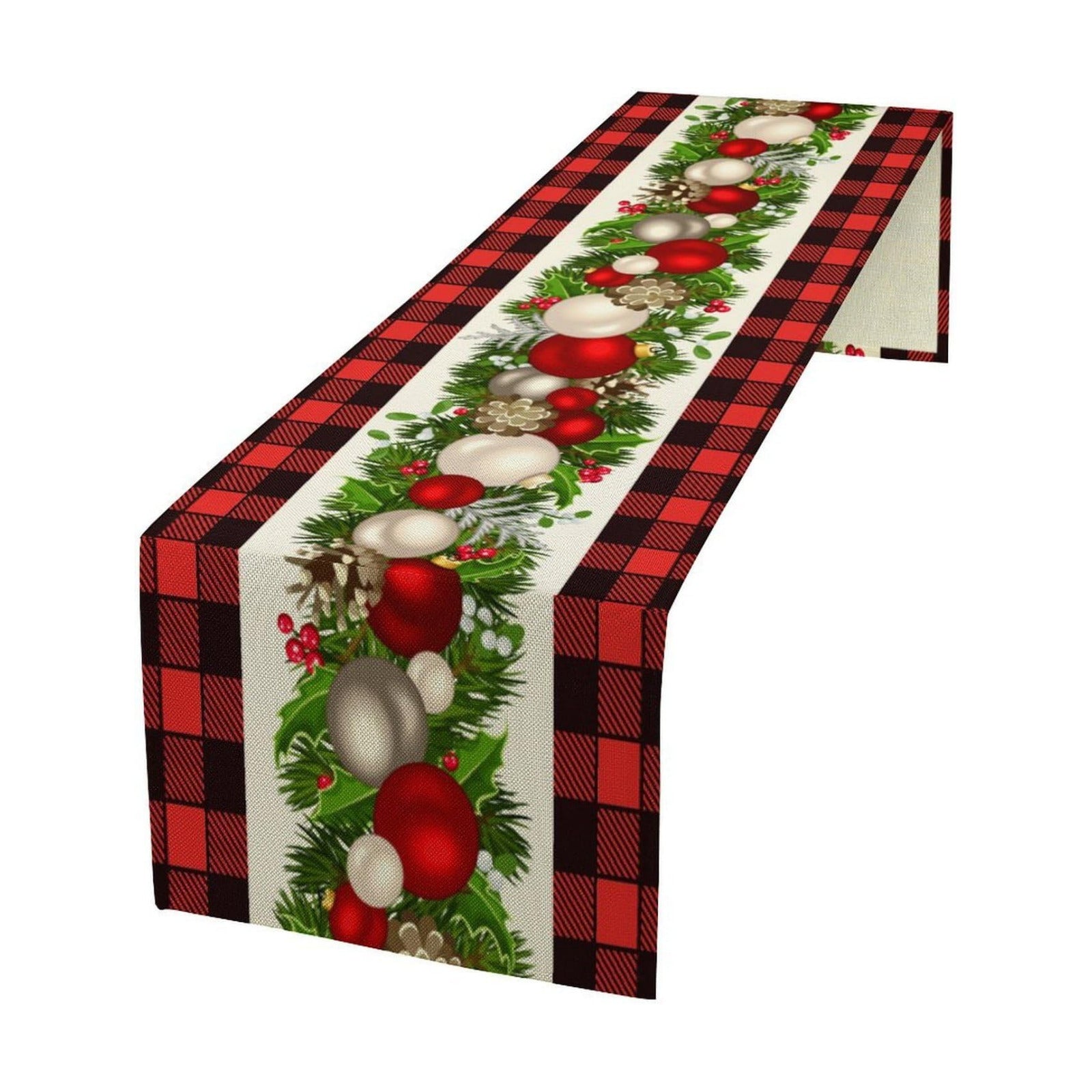 Christmas Linen Table Runner, Red and Black Buffalo Plaid Winter Xmas Holiday Farmhouse Style Patterns Printed Linen