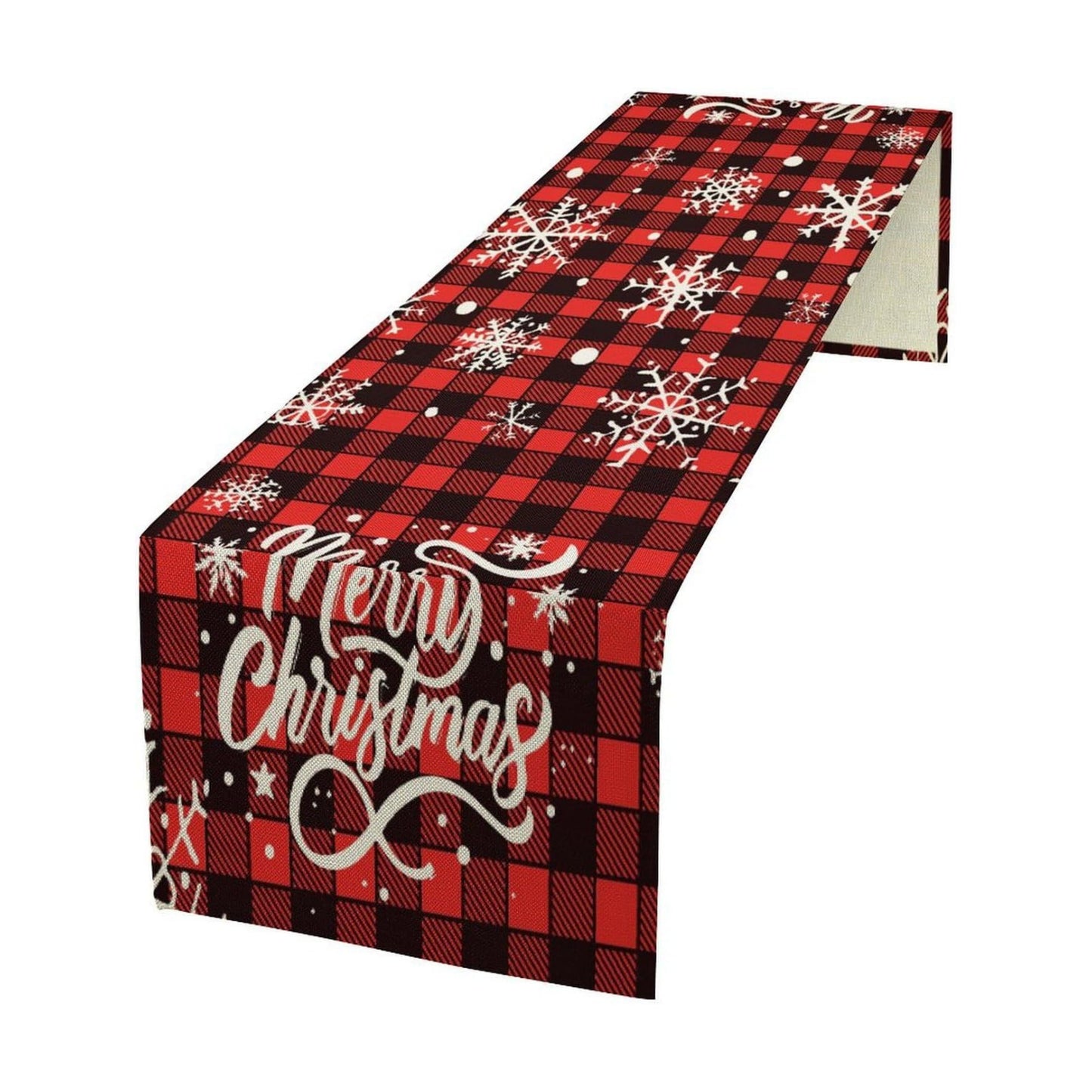 Xmas Linen Table Runner, Red and Black Buffalo Plaid Snowflake Merry Christmas Holiday Farmhouse Patterns Printed Linen