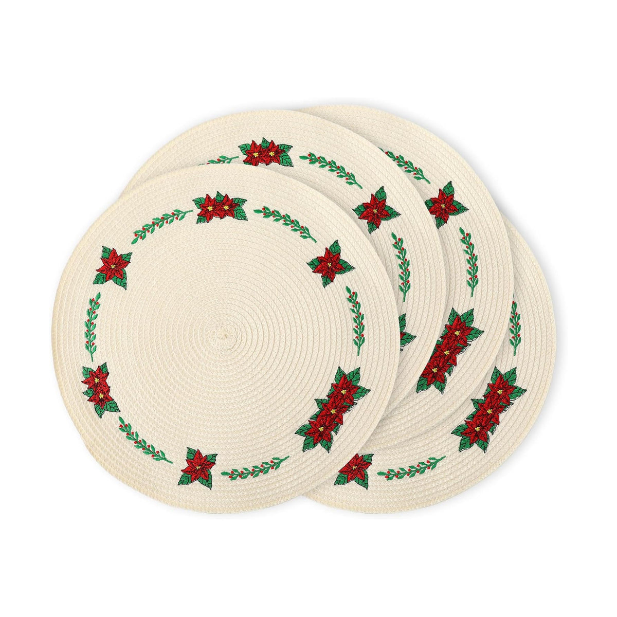 Whaline 4Pcs Round Christmas Flower Placemats Embroidered Xmas Poinsettia Place Mats Decorative Dinner Table Mats for Holiday Party Decor