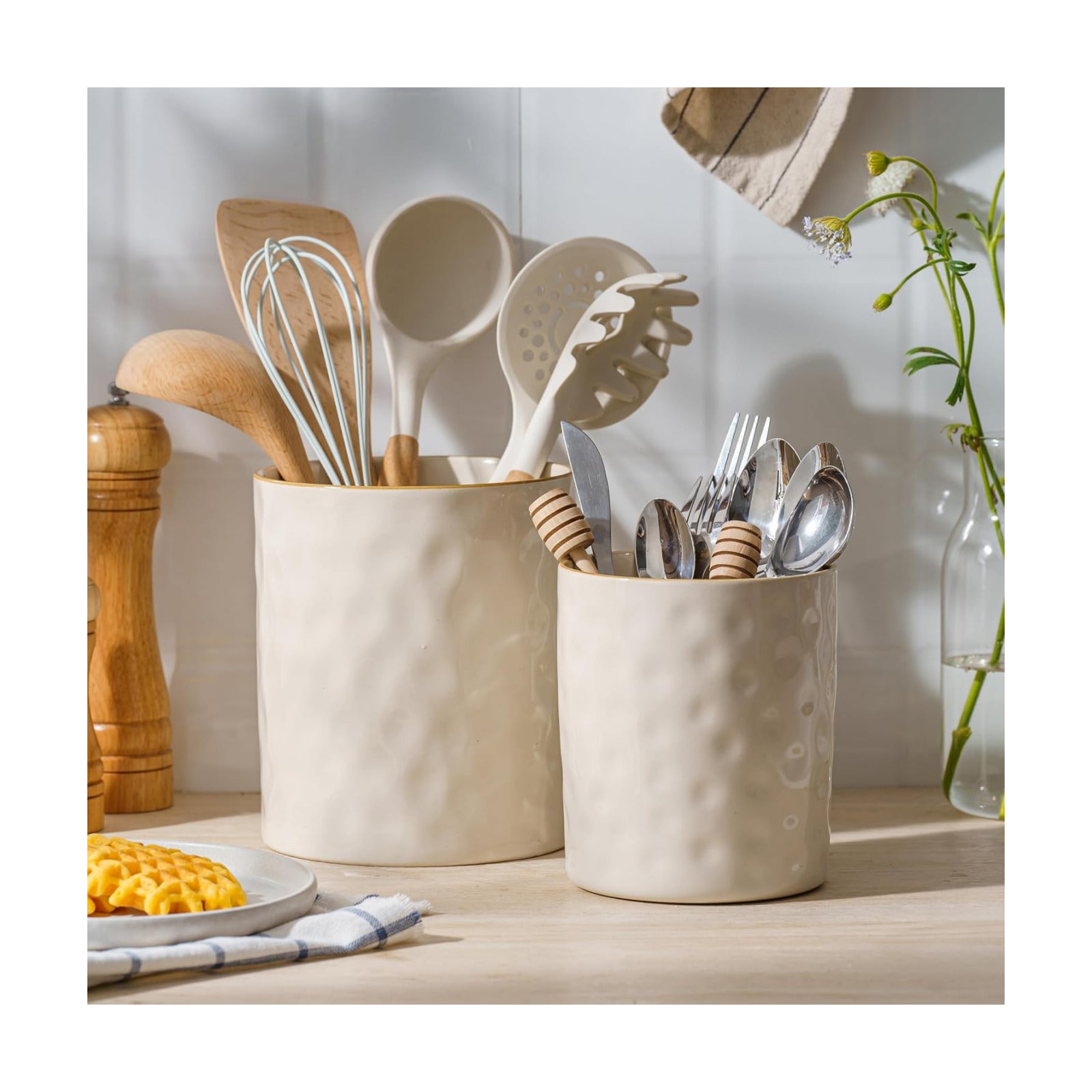 famiware Ceramic Utensil Holder, 7.2"+5.8", Set of 2, Vanilla White | Cooking Utensil Crocks, Organizer for Spatula &