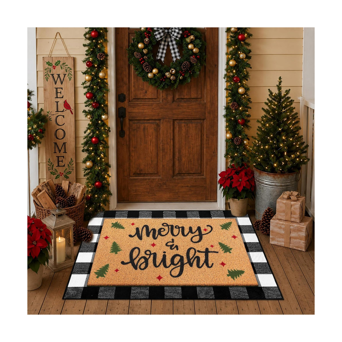 Tinideya 2 Pcs Christmas Door Mat Outdoor Layered Merry Bright Welcome Mat