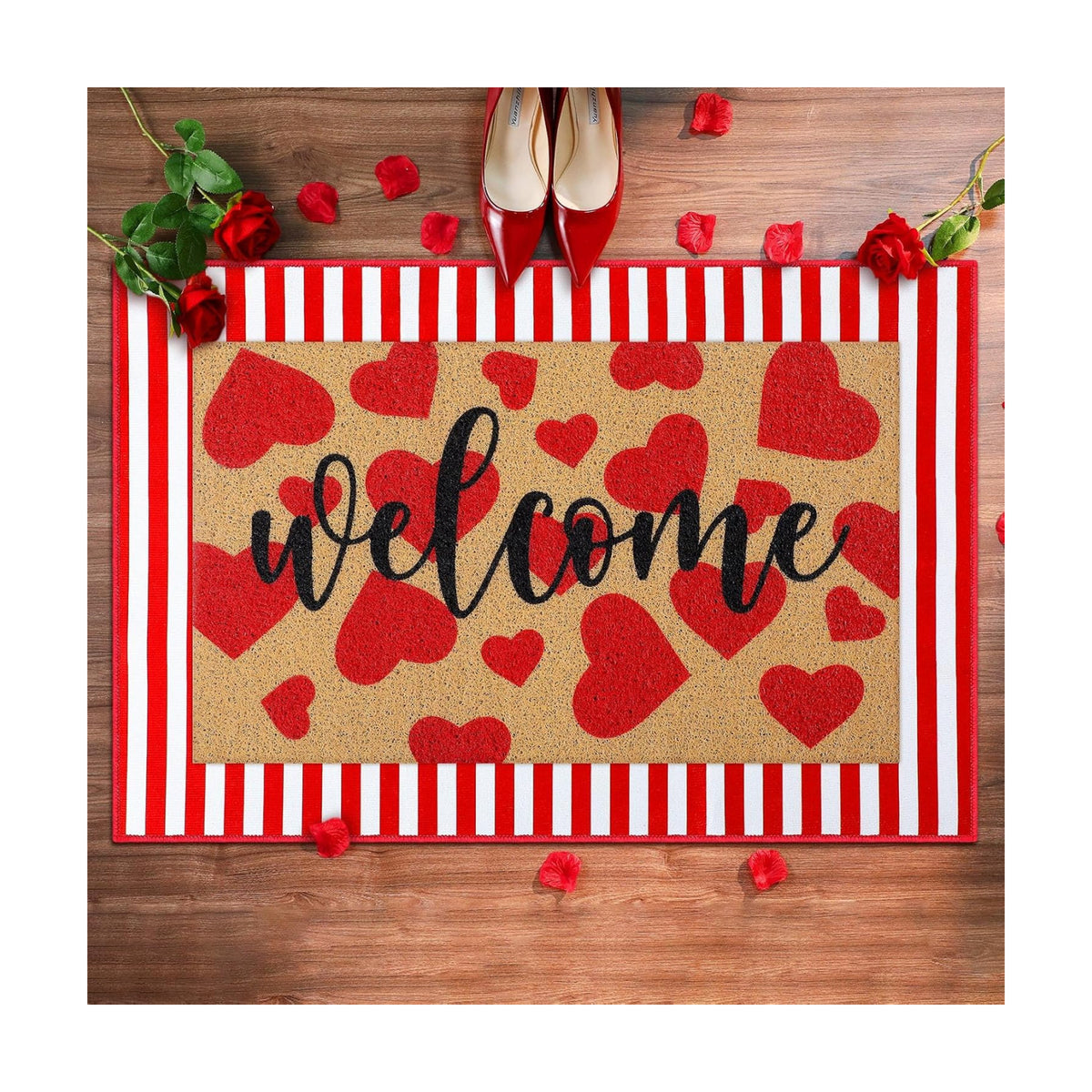 Tinideya 2 Pcs Valentine's Day Door Mat Outdoor Layered Heart Welcome Mat