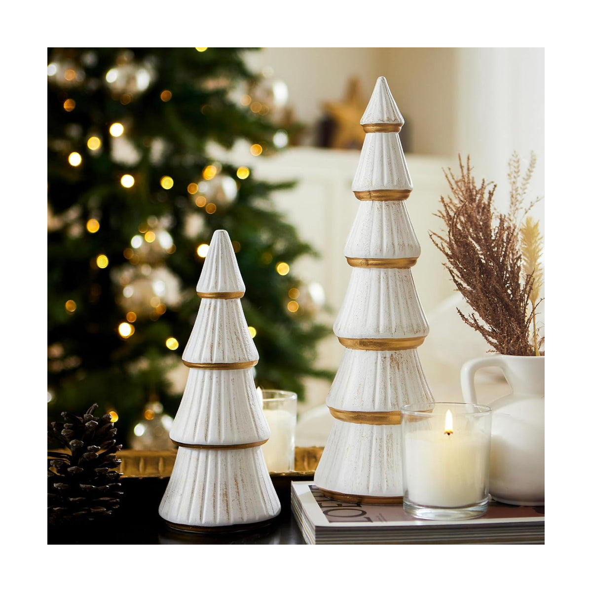 WONDROUS' DECO Christmas Tree Figurine Decor Tabletop White and Gold, 2pcs