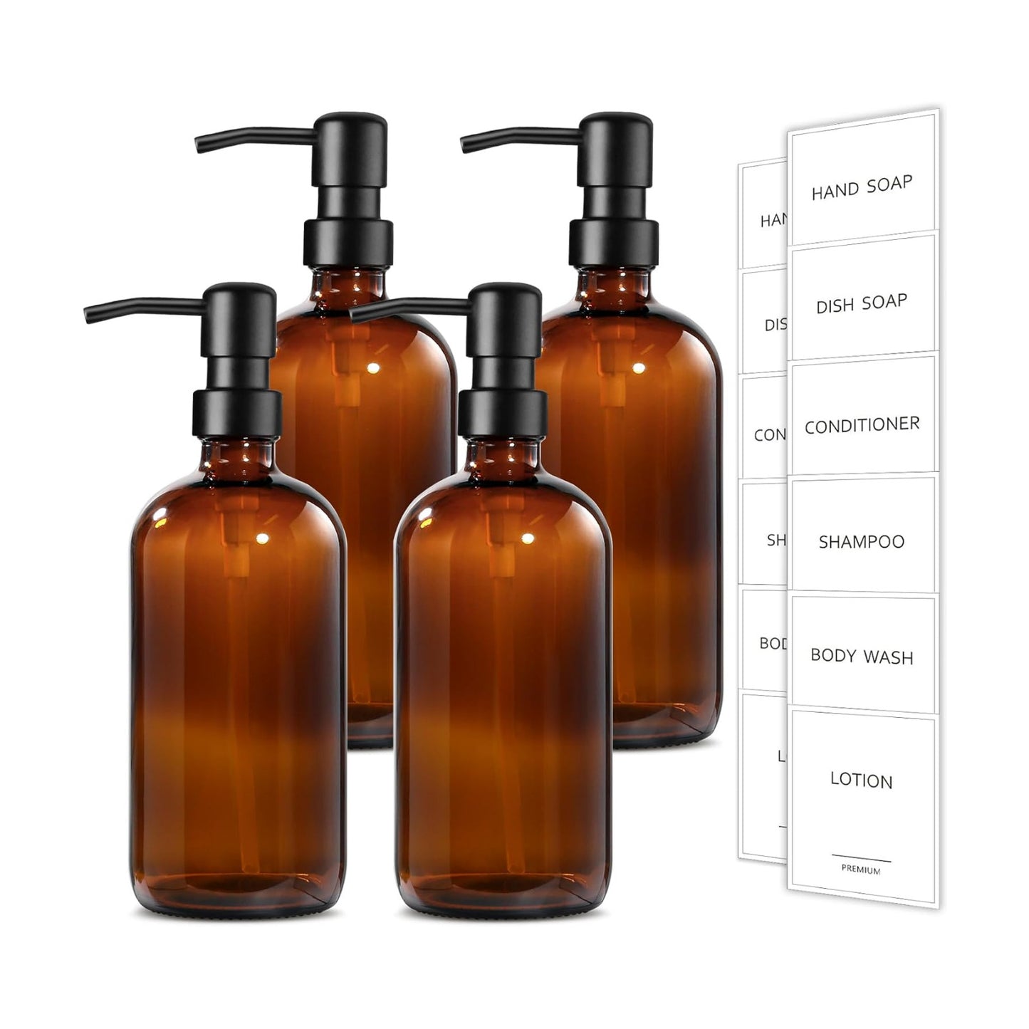 GMISUN Amber Glass Soap Dispenser, 4 Pack Bathroom Hand Soap Dispensers with Stainless Steel Pump, 17 Fl Oz Kitchen