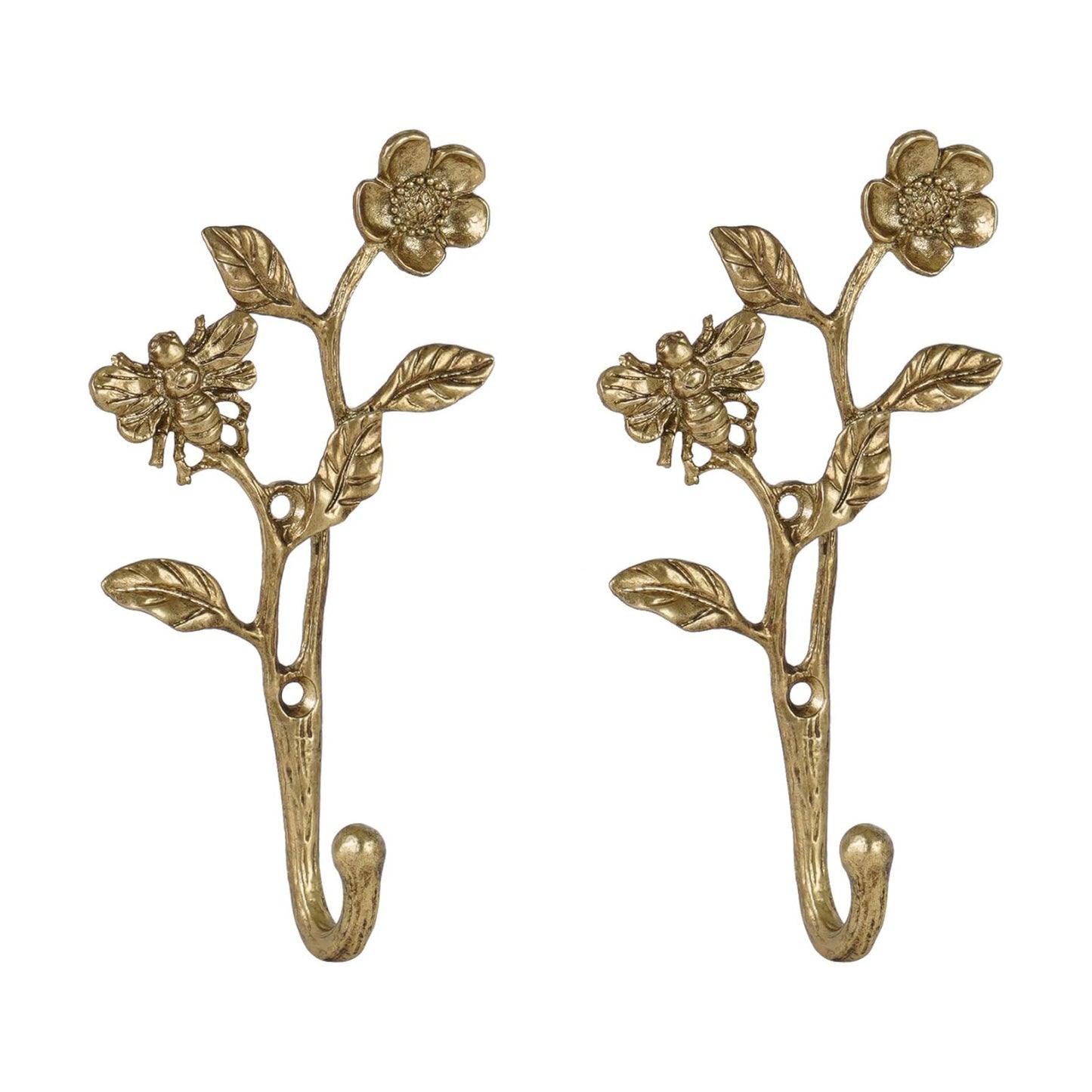 Metal Dark Coat Hooks / Flower & Bee / Gold / Set of 2