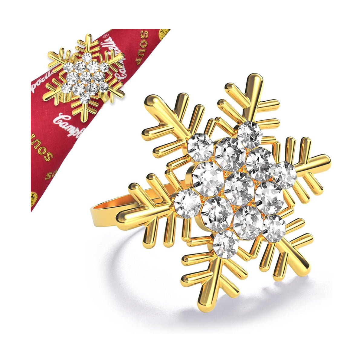 Halatool Christmas Napkin Rings Set of 6, Gold Snowflake with White Rhinestone Napkin Holder for Christmas Thanksgiving Winter Holiday Place Setting, Weddings, Party Table Decoration