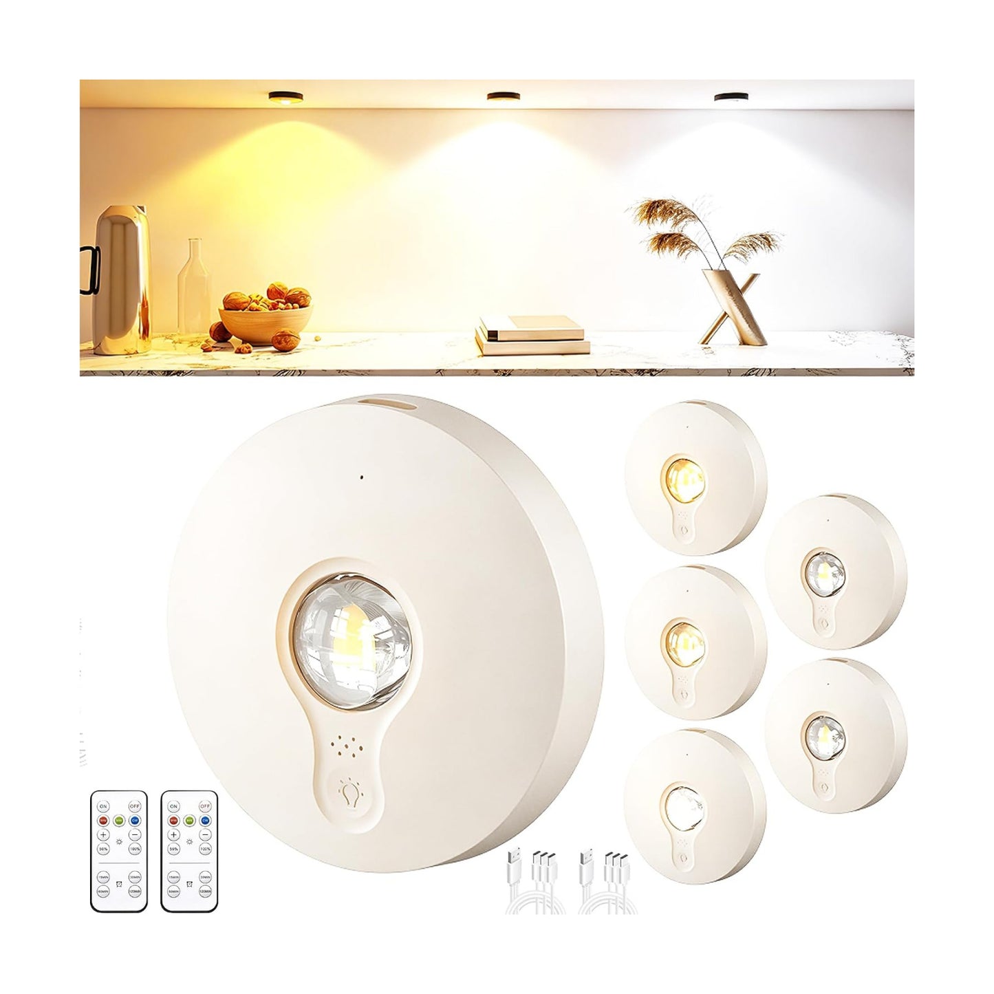 UNUSROOM Rechargeable Puck Lights with Remote Control,2000mAh High Capacity Battery Operated LED Under Cabinet