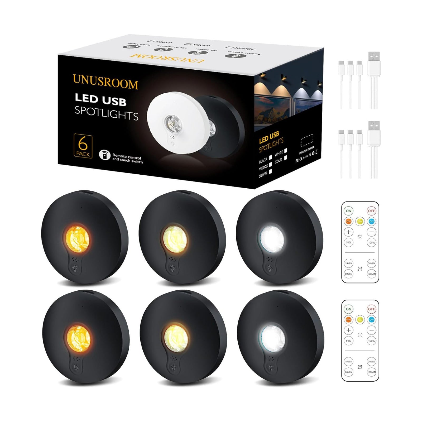 UNUSROOM Rechargeable Puck Lights with Remote Control,2000mAh High Capacity Battery Operated LED Under Cabinet