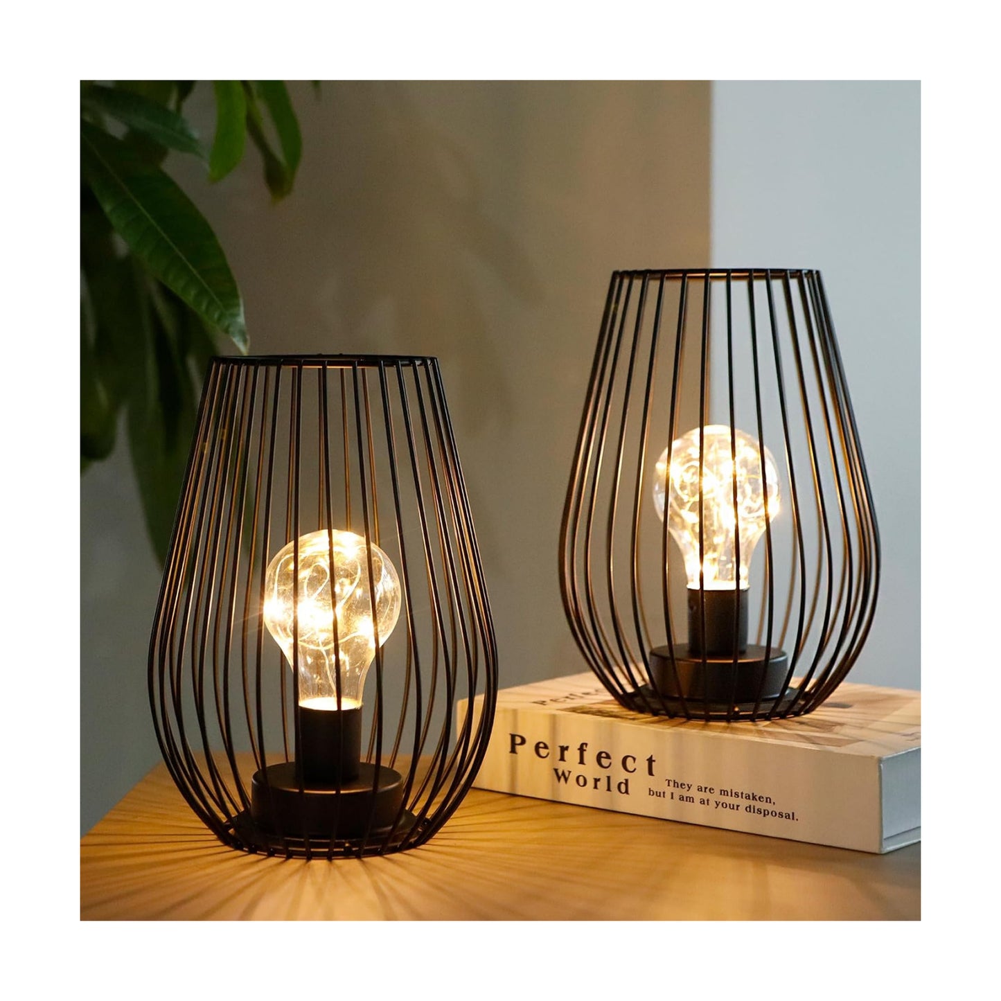 TRIROCKS Metal Cordless Table Lamp - 8'' Tall Set of 2 Cage Shape Battery Operated Lamp with Fairy Lights Bulb for