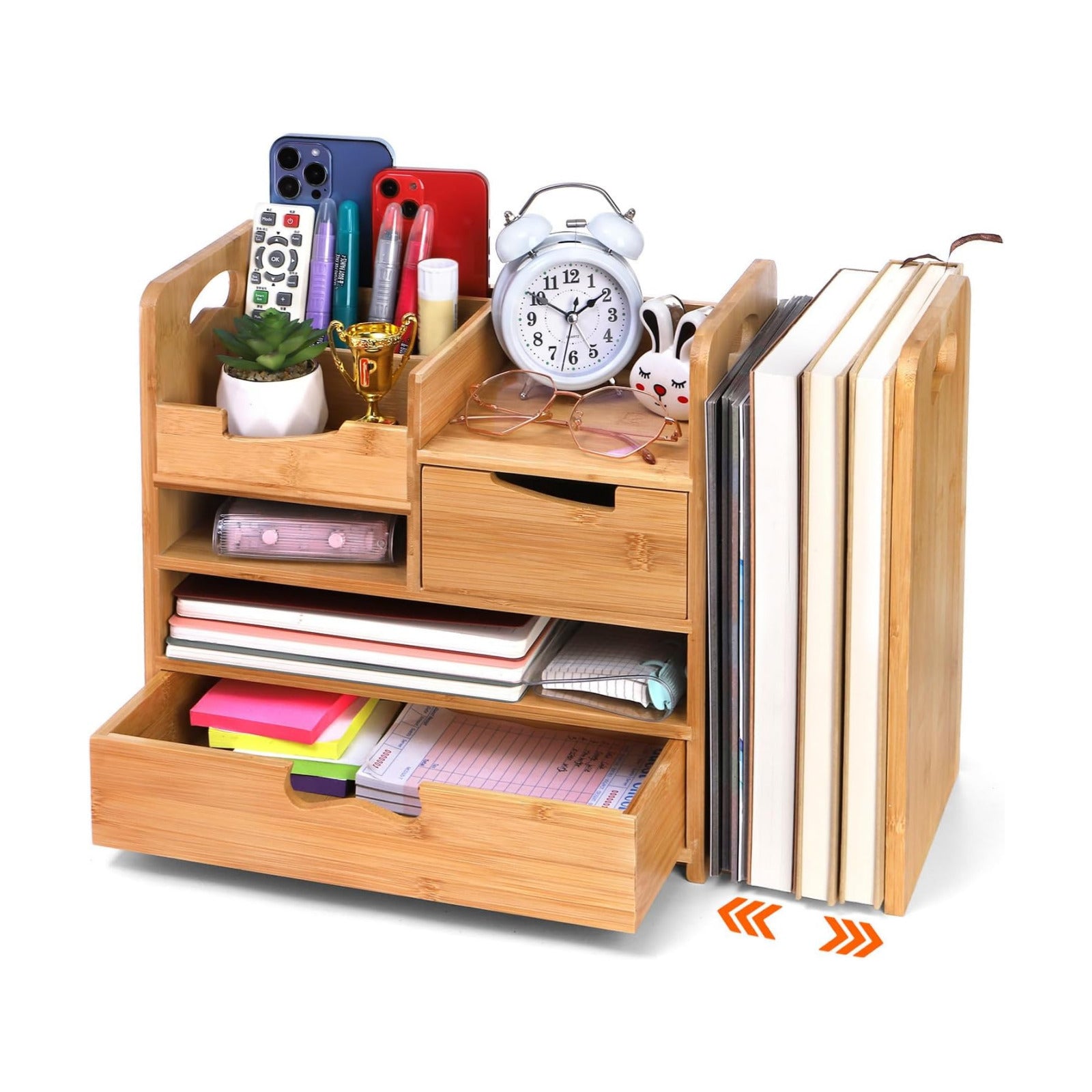 ZOOFOX Bamboo Desk Organizer with Adjustable File Holder, Mail Organizer Countertop with Drawer, 4-Tier Desktop