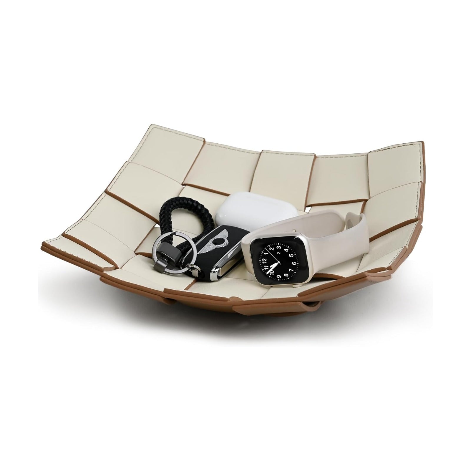 Valet Tray PU Leather Key Bowl for Men Women Entryway Table Nightstand Catchall EDC / Coffee + White