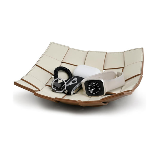 Valet Tray PU Leather Key Bowl for Men Women Entryway Table Nightstand Catchall EDC / Coffee + White
