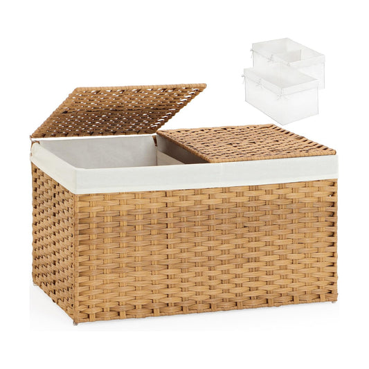 Lid Rattan Woven Storage Baskets / Natural / 65l-22l*13w*13.8h / 22 x 13 x 13.8