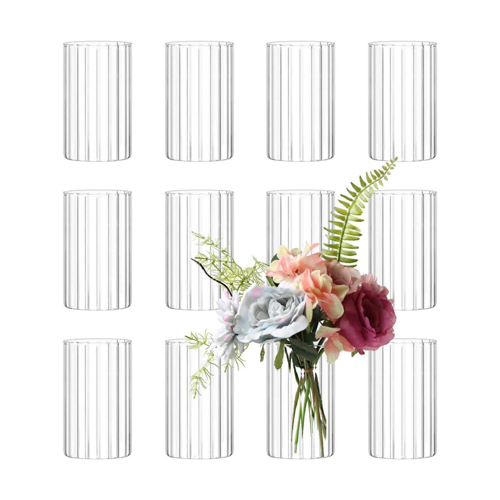 Glass Cylinder vases for Centerpieces / Ribbed / Clear / 6 Inch / Set of 12