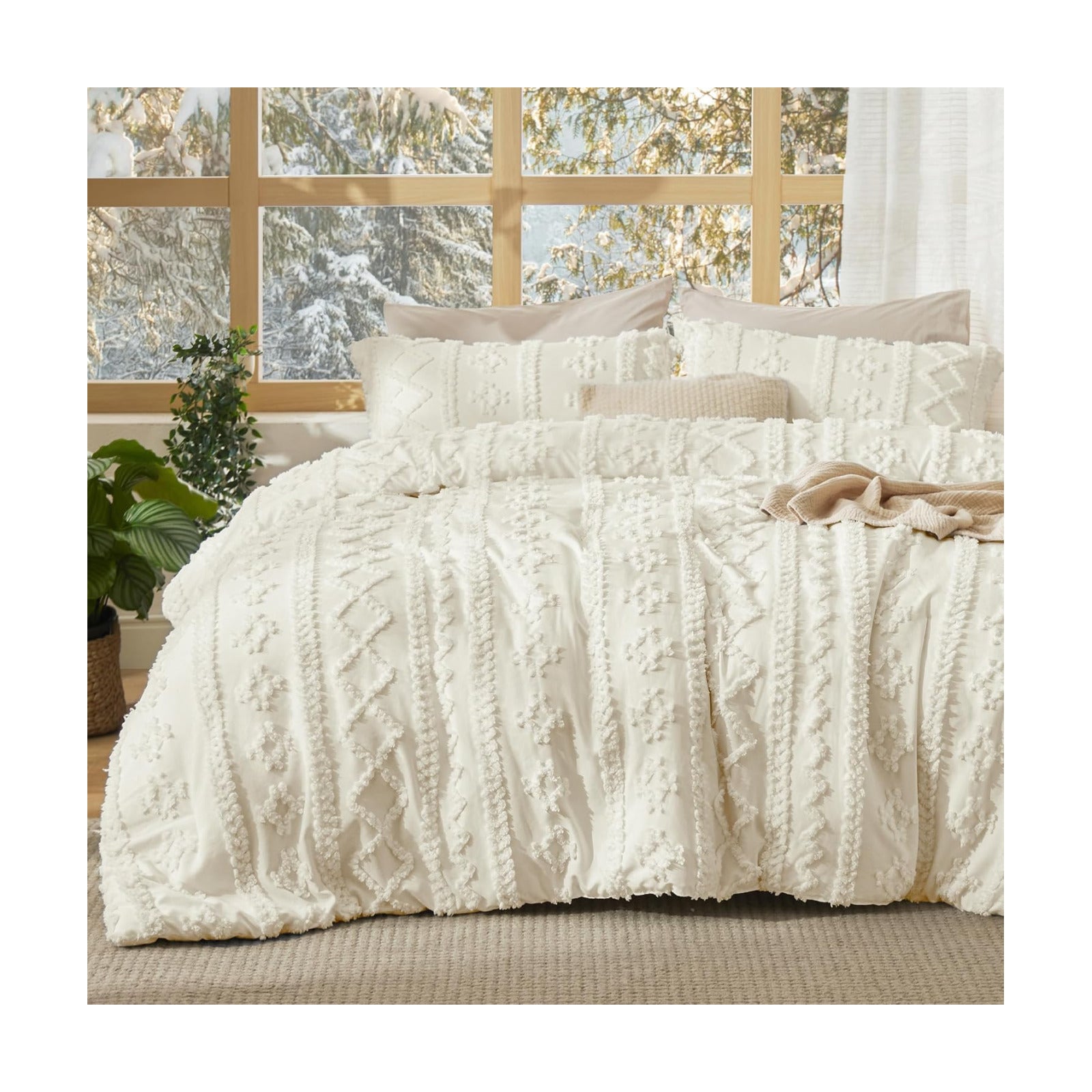 Bedsure Tufted Boho Comforter Set King Size - White Boho Bed Set, GentleSoft™ 3 Pieces Farmhouse-Style Embroidery
