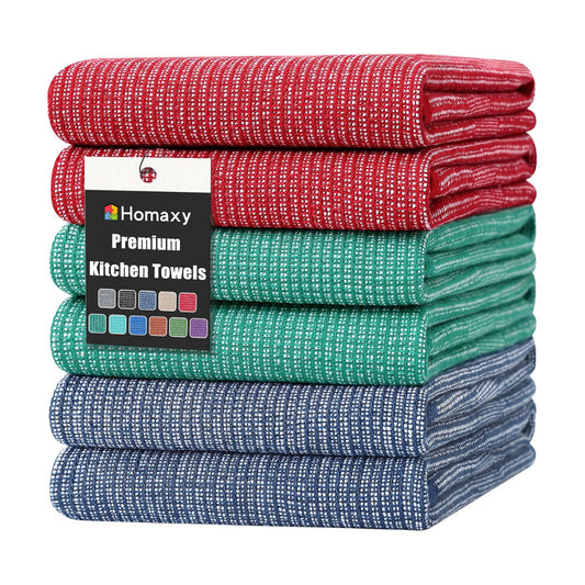 Homaxy 380 GSM Cotton Premium Kitchen Towels 6 Pack, 18"x 28", Mix | Flat and Terry Dish Towels, Highly Absorbent Tea