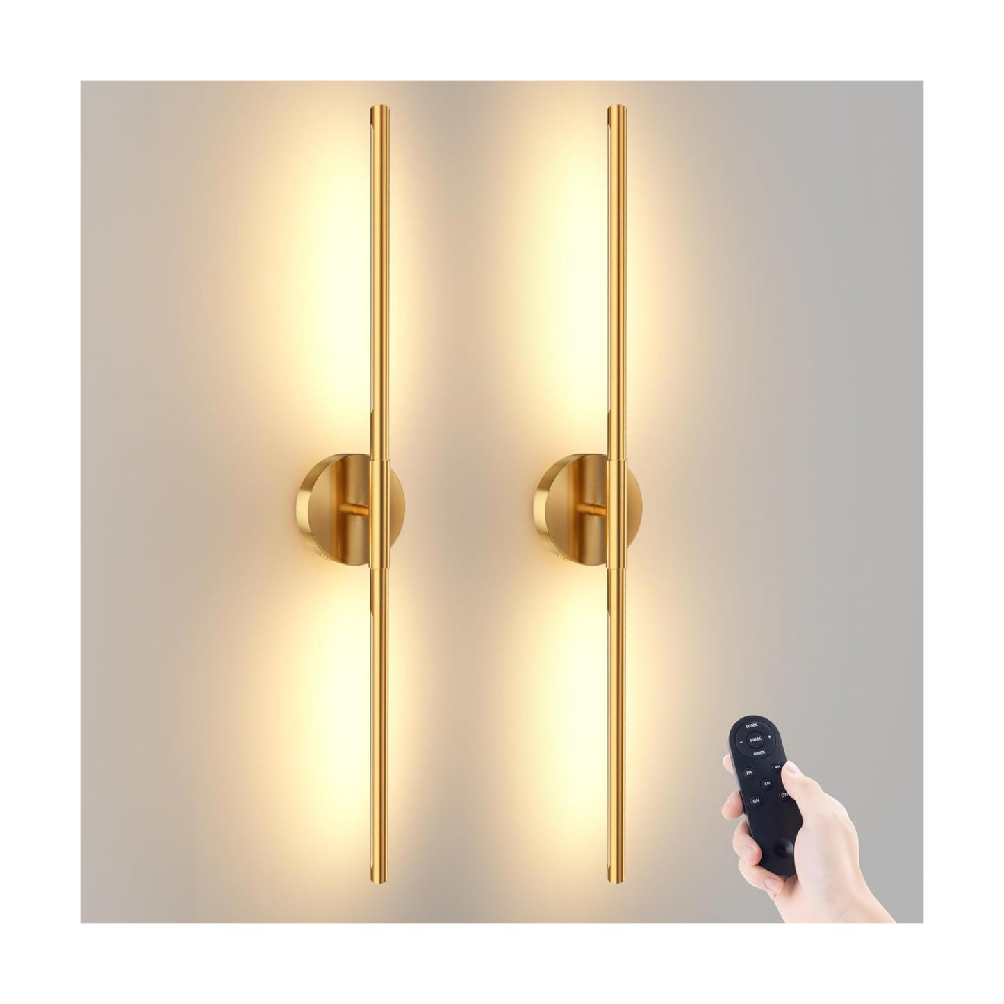 JOFIOS Battery Operated Wall Sconces Set of 2, 34.7In Gold Remote Control | 360°Rotation Wireless Rechargeable Wall