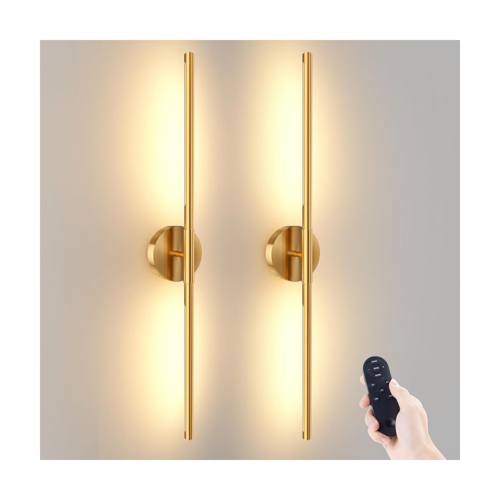 JOFIOS Battery Operated Wall Sconces Set of 2, 34.7In Gold Remote Control | 360°Rotation Wireless Rechargeable Wall