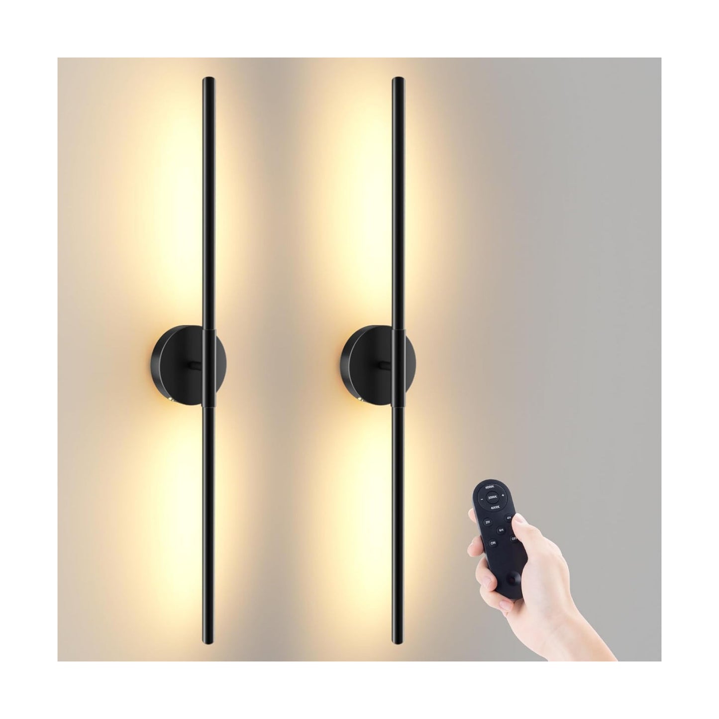 JOFIOS Battery Operated Wall Sconces Set of 2, 34.7In Black Remote Control | 360°Rotation Wireless Rechargeable Wall