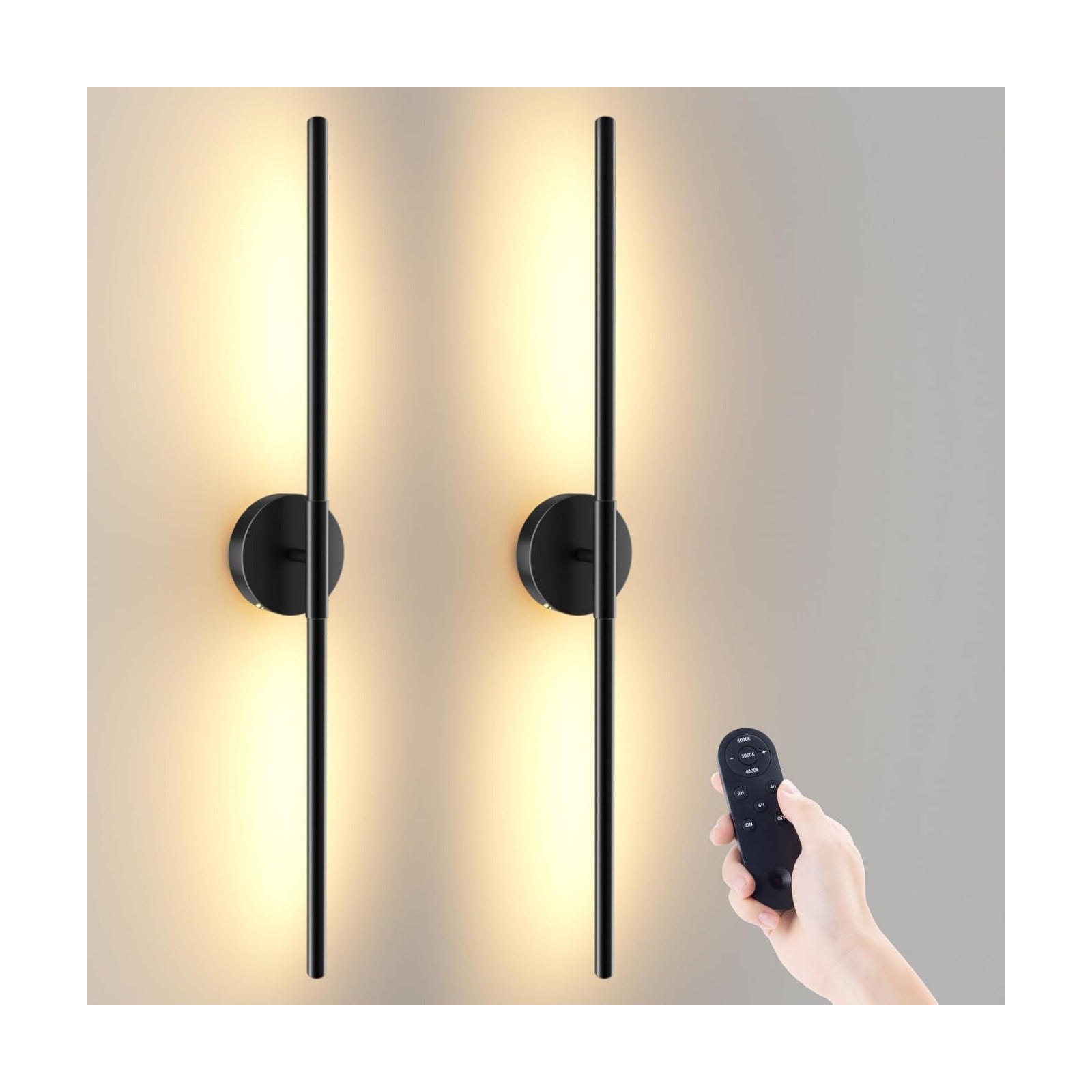 JOFIOS Battery Operated Wall Sconces Set of 2, 34.7In Black Remote Control | 360°Rotation Wireless Rechargeable Wall