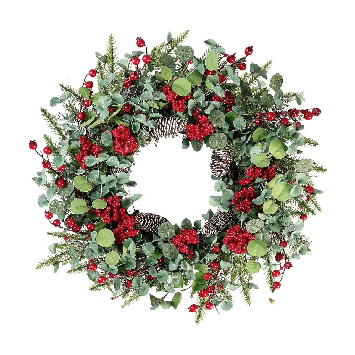 Sggvecsy 22 Inch Artificial Christmas Wreath for Front Door Xmas Red Berry Wreath with Pine Needles Pine Cones Eucalyptus Leaves Christmas Decorations for Winter Wall Outdoor Home Holiday Xmas Decor
