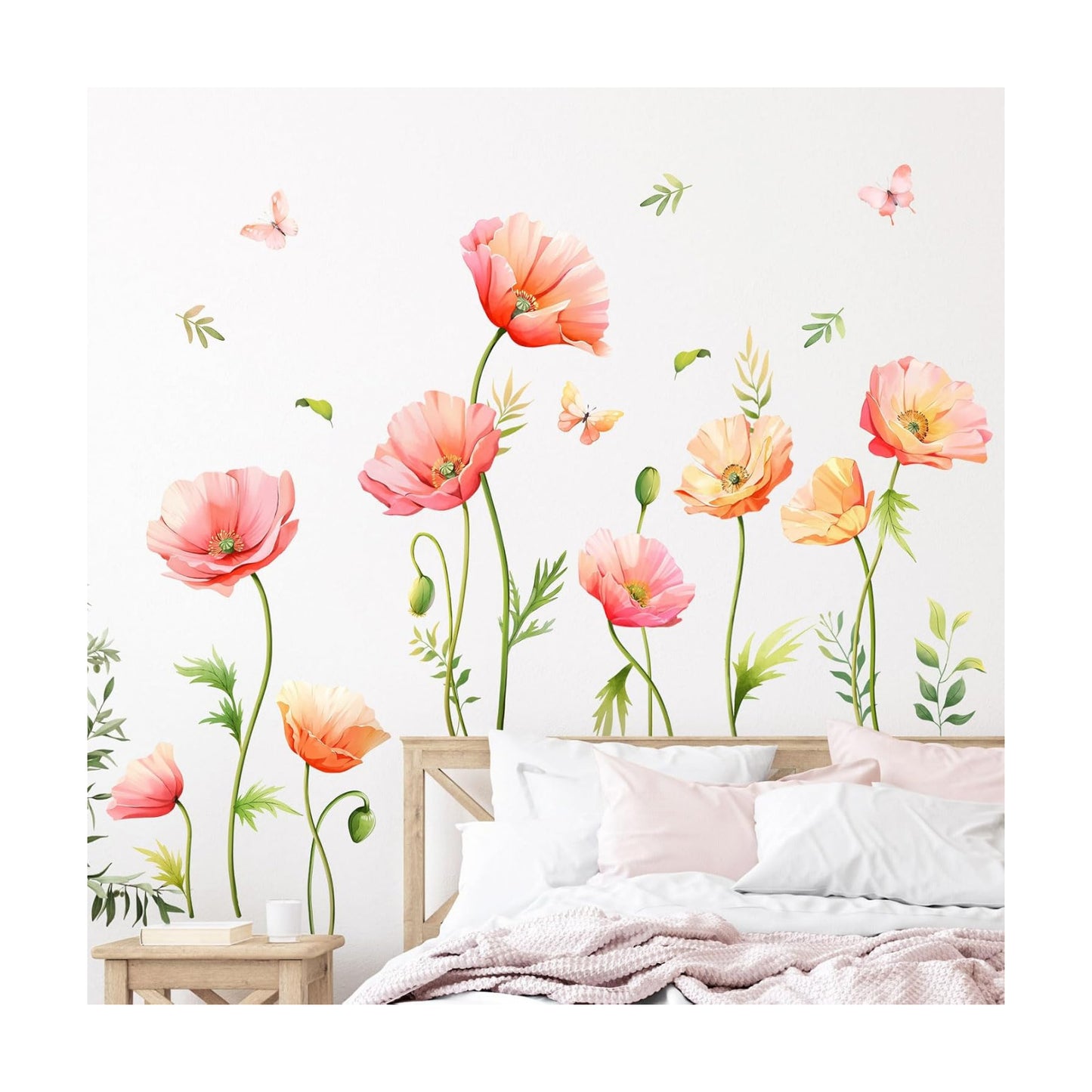 Large Floral Wall Decals Butterfly Wall Stickers Peel and Stick Autumn Floral / Poppy Flower / Pink
