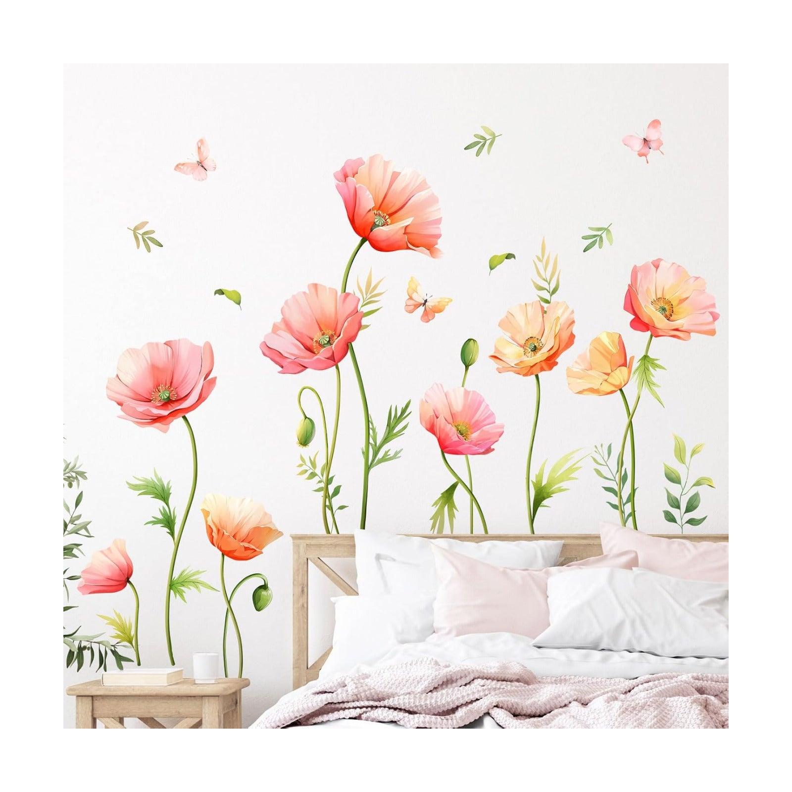 Large Floral Wall Decals Butterfly Wall Stickers Peel and Stick Autumn Floral / Poppy Flower / Pink