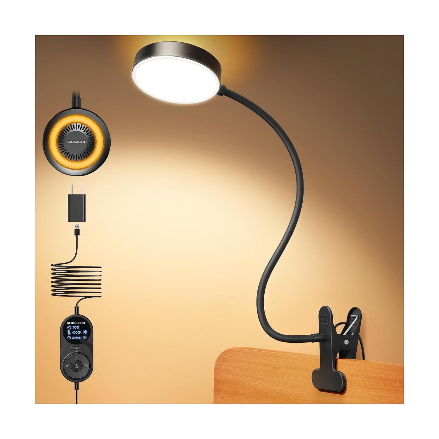 Glocusent 72 LED Clip on Lamp, Reading Lamp with Amber Ring& Amber Mode | 3 Colors & 5 Dimmable Desk Lamp, 2.75" Clamp