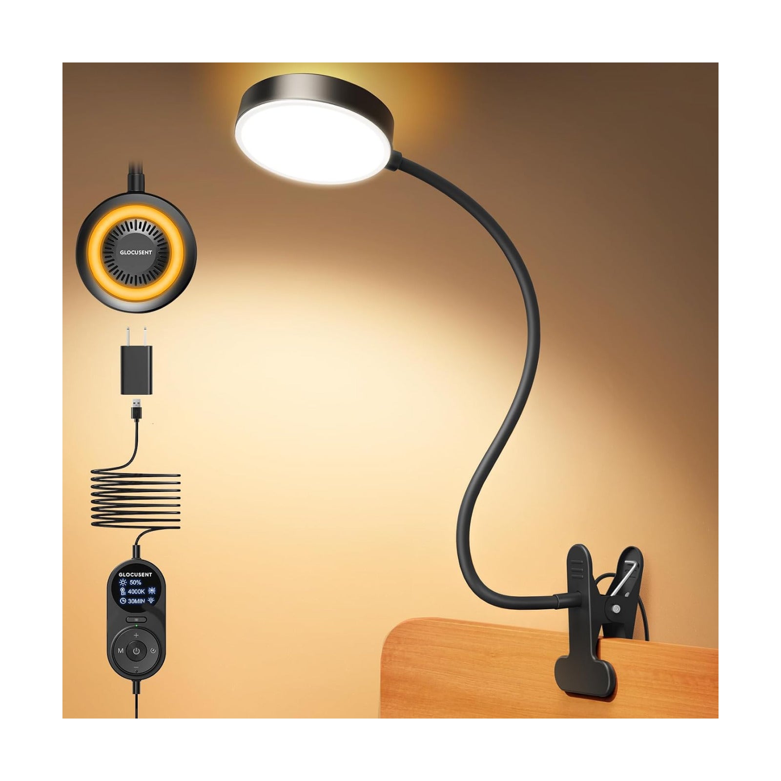 Glocusent 72 LED Clip on Lamp, Reading Lamp with Amber Ring& Amber Mode | 3 Colors & 5 Dimmable Desk Lamp, 2.75" Clamp