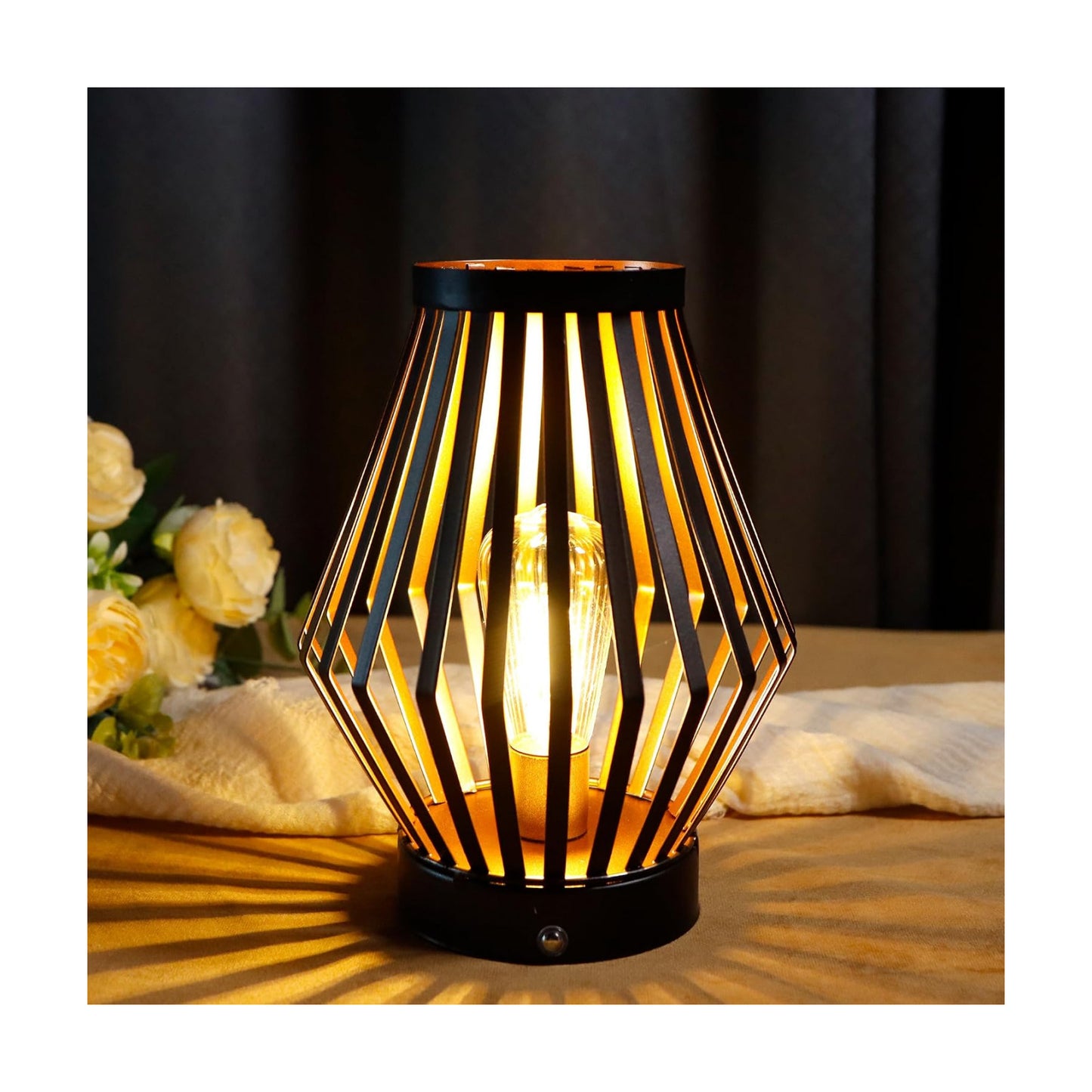 JHY DESIGN Dimmable Touch Bedside Table Lamp 8.5''H Rechargeable Metal Cage Lantern with LED Edison Style Bulb Cordless