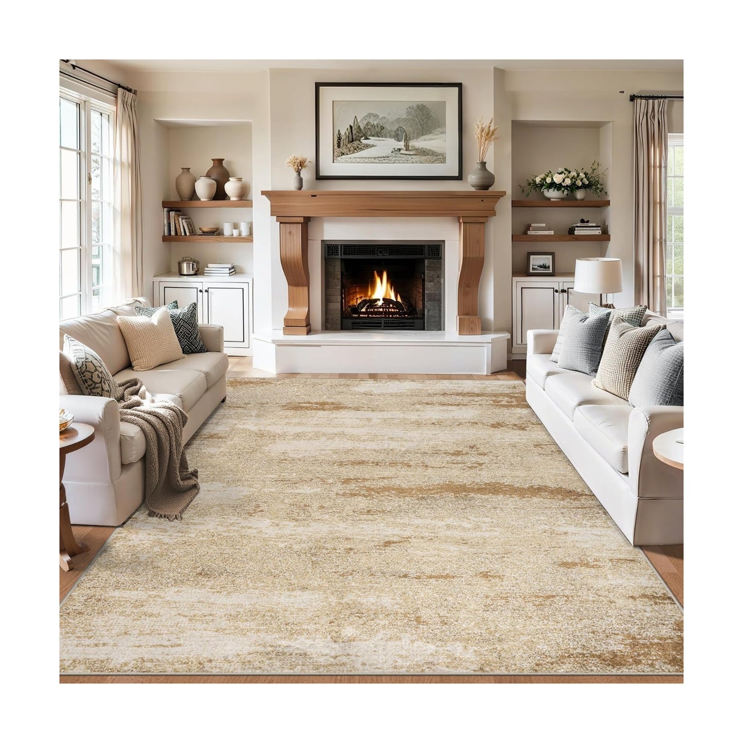 PLHXFR 9x12 Area Rug Living Room: Modern Abstract Washable Carpet Beige