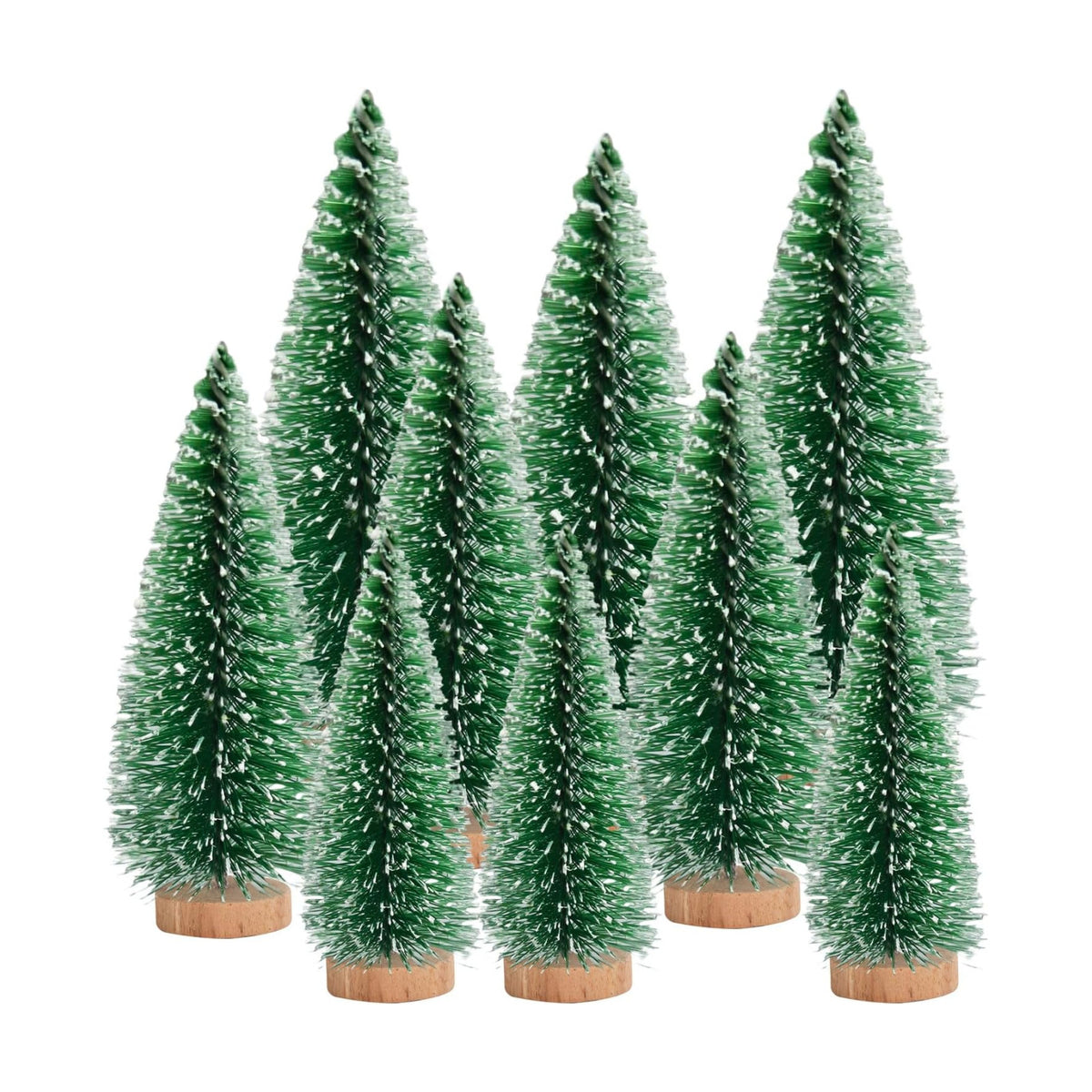 9 Pcs Mini Christmas Tree, Tabletop Christmas Tree with Wooden Bases Artificial Mini Tree with 3 Sizes Christmas Table Decor Bottle Brush Trees for Christmas Decorations (Green Snow)