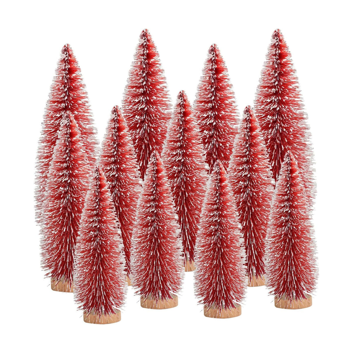 12 Pcs Mini Christmas Tree, Tabletop Christmas Tree with Wooden Bases Artificial Mini Tree with 3 Sizes Christmas Table Decor Bottle Brush Trees for Christmas Decorations (Red)