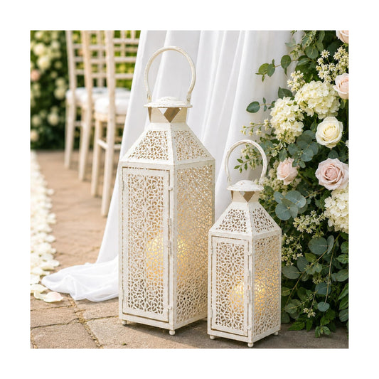 JHY DESIGN Set of 2 Decorative Candle Lanterns 19"&14" H, Vintage White Gold Metal Lantern with Hollow Pattern, Indoor