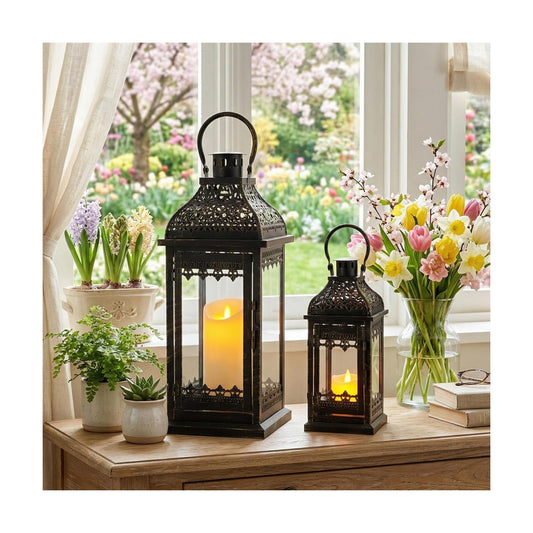JHY DESIGN 13''&19.5''H Decorative Candle Lanterns Set of 2 Vintage Hanging Lantern Metal Candle Holder for Garden