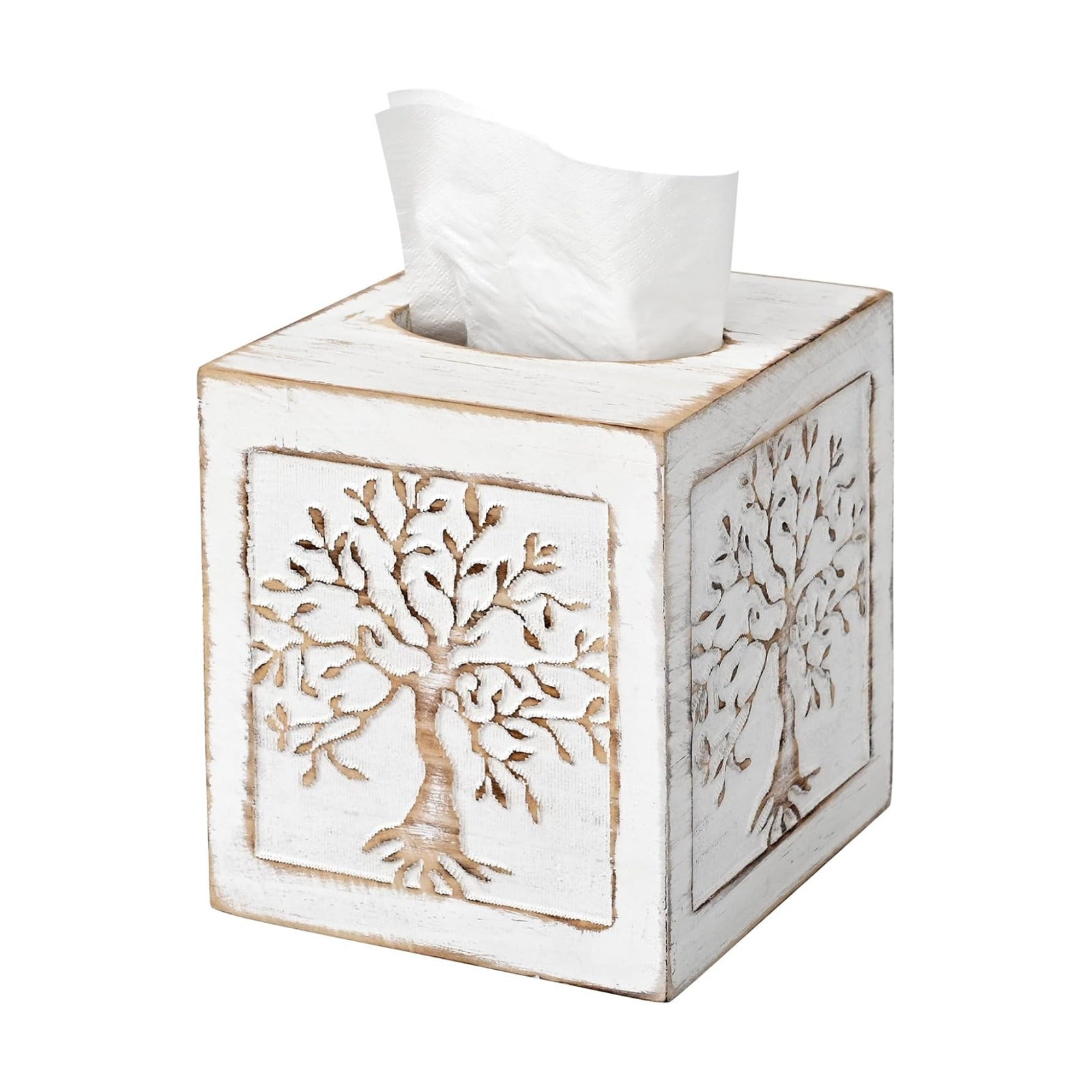 Wooden Tissue Box Cover / Square / White Tree of Life