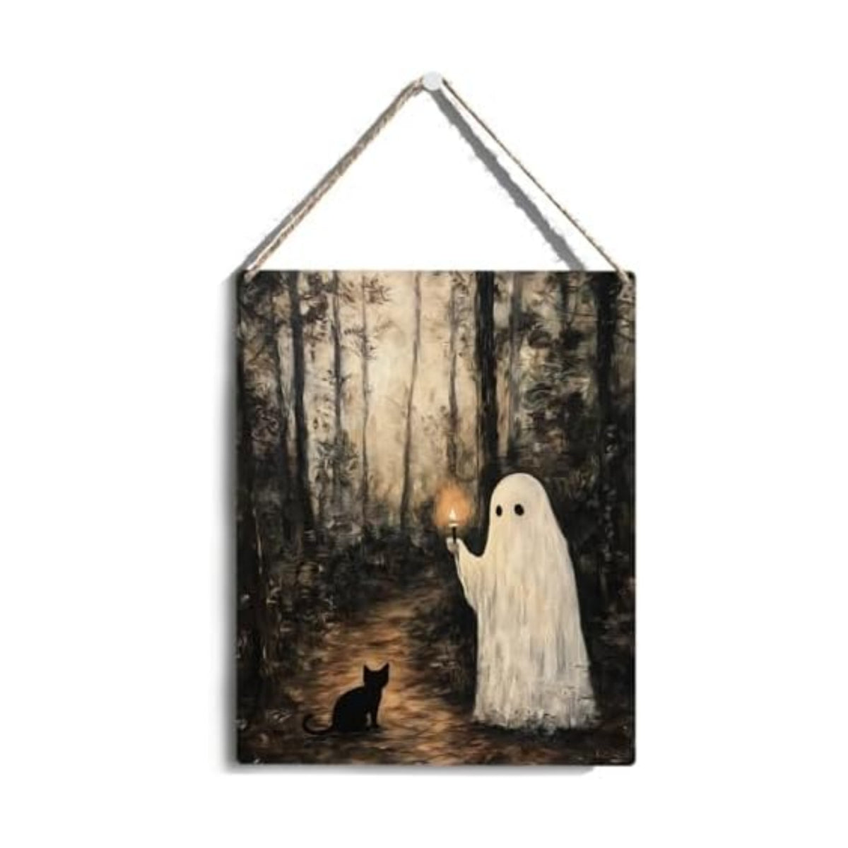 Cute Halloween Decorations Indoor: Funny Spooky Wooden Hanging Sign - Ghost Black Cat in Forest Door Sign Farmhouse Home Room Decor
