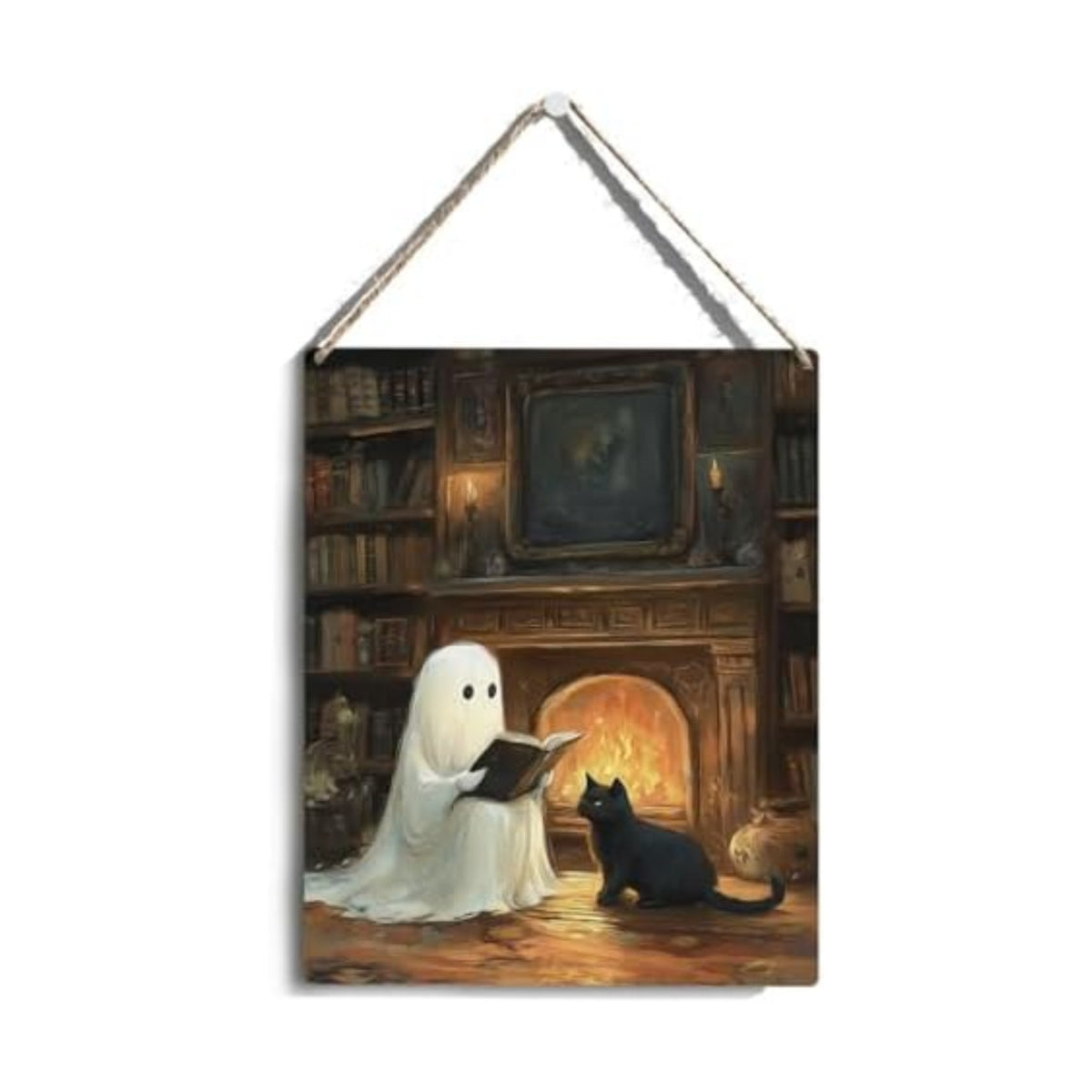 Halloween Decor, Cute Halloween Decorations Indoor, Spooky Halloweens Wall Art Wooden Hanging Sign Wood Plaque Decor, Ghost Black Cat Door Sign Farmhouse Home fireplace Living Room Decoration