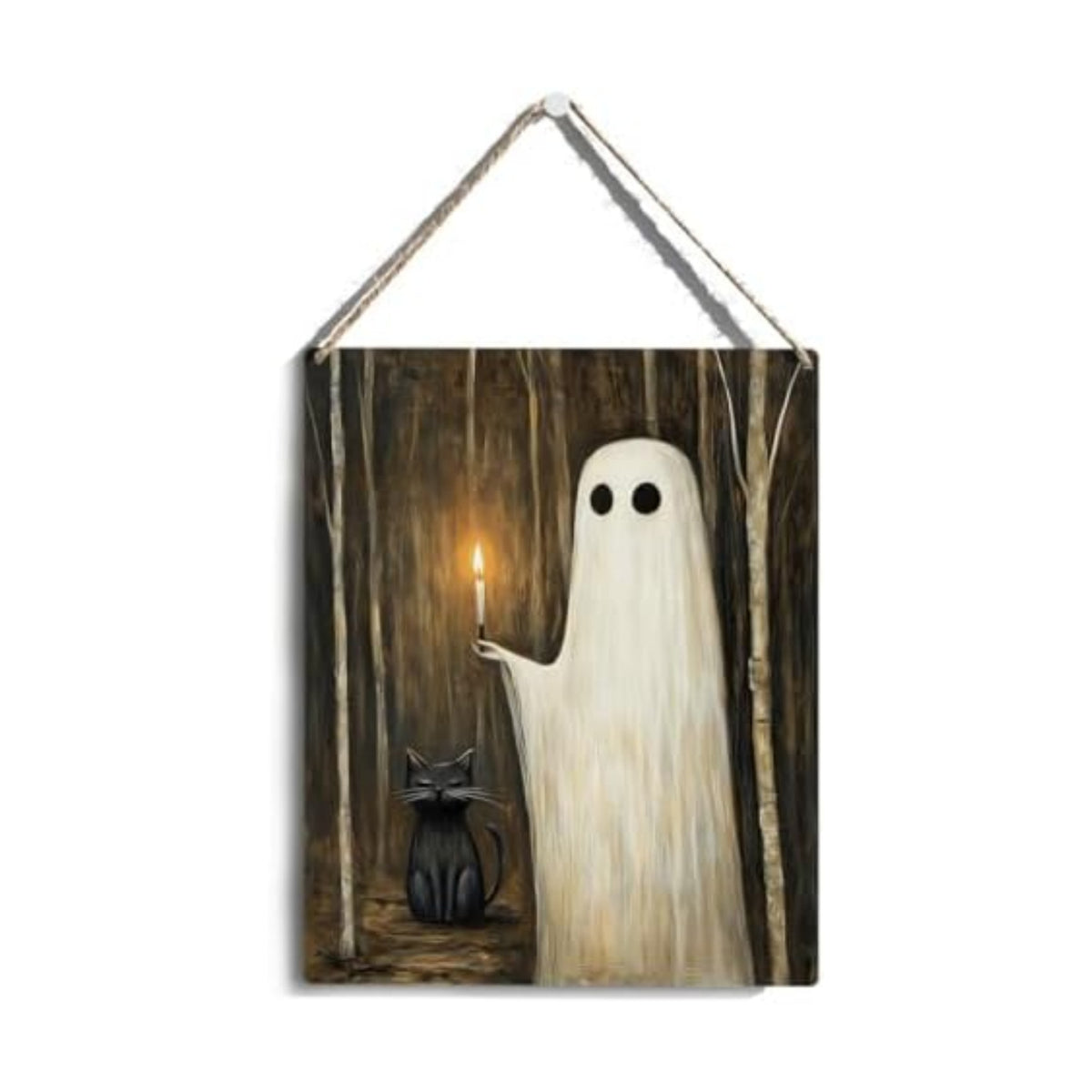 Cute Halloween Decorations Indoor - Funny Ghost & Black Cat Wooden Hanging Sign - Farmhouse Home Shower Room Decor
