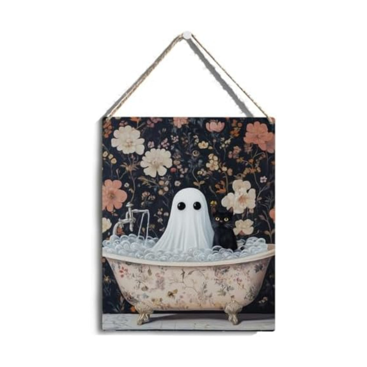 Funny Halloween Bathroom Decor, Cute Halloween Decorations Indoor, Spooky Halloween Wall Art Wooden Hanging Sign, Ghost Black Cat Farmhouse Wood Block Plaque Sign Decor for Home Shower Room Bathroom