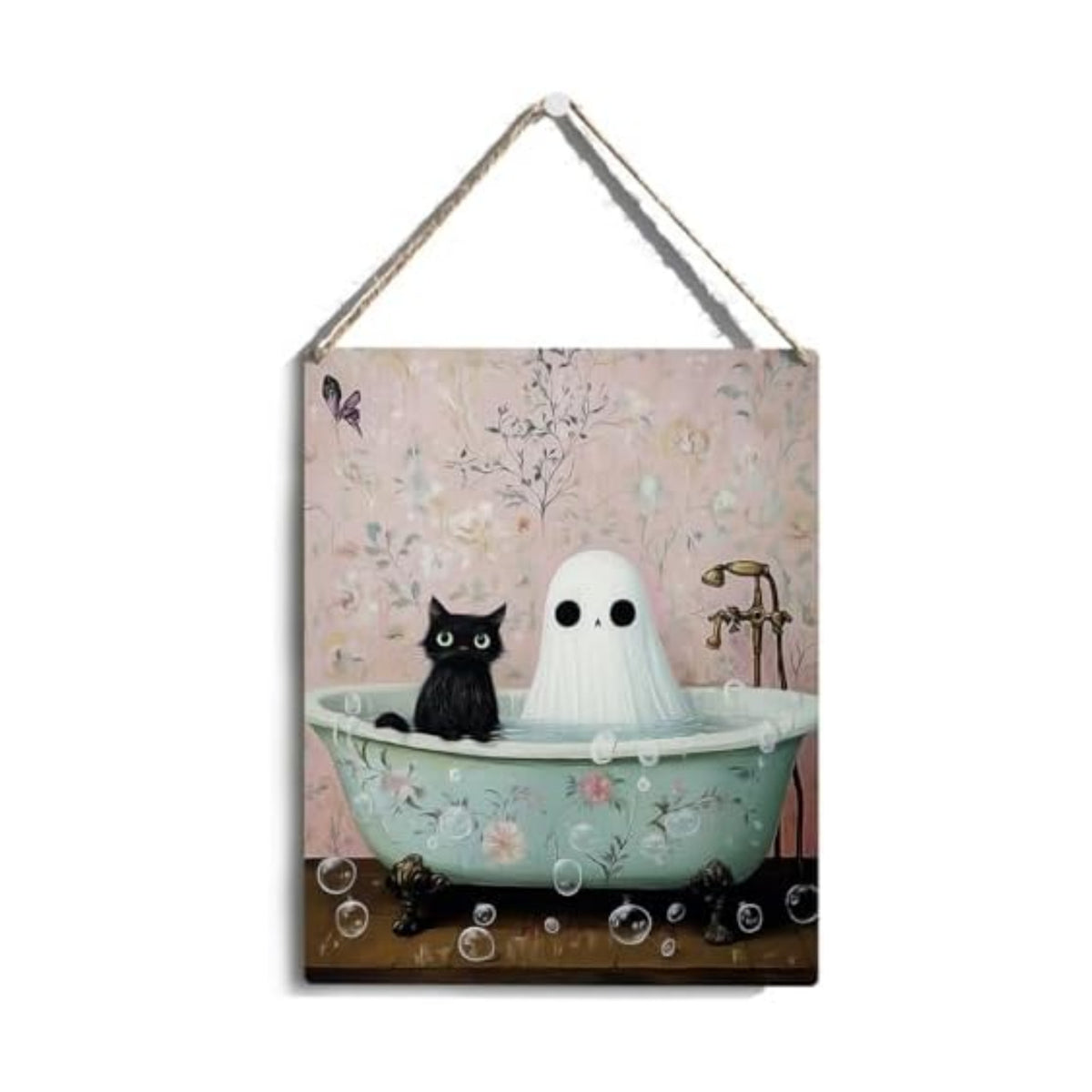 Funny Halloween Bathroom Decor, Cute Halloween Decorations Indoor, Spooky Halloween Wall Art Wooden Hanging Sign, Ghost Black Cat Farmhouse Wood Block Plaque Sign Decor for Home Toilet Bathroom