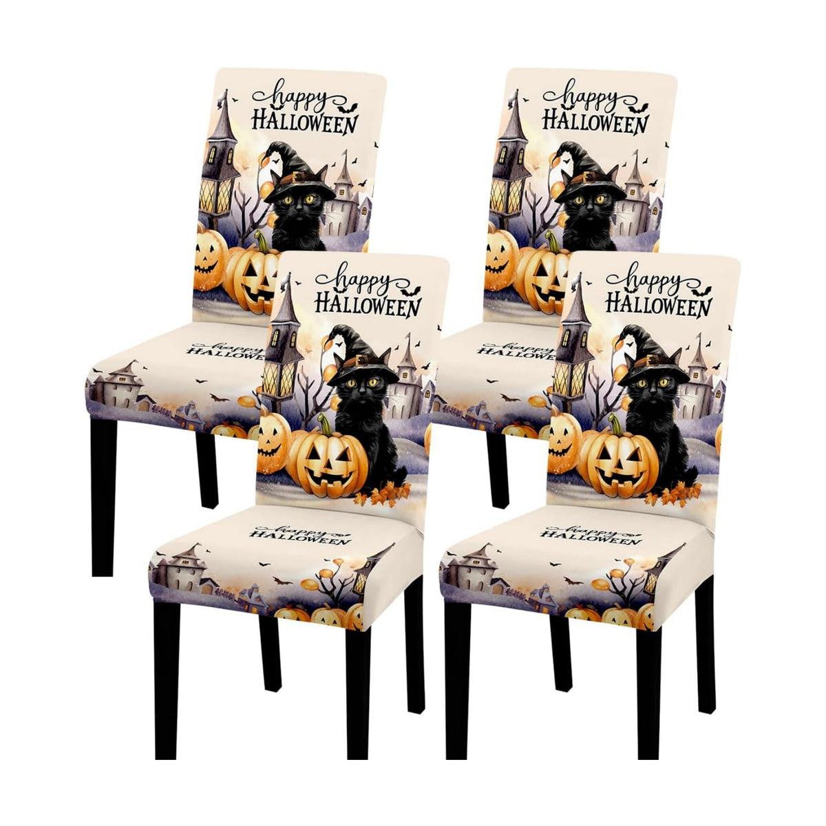 Halloween Dining Chair Covers Set of 4-Only Chair Covers,Stretchable Parsons Chair Slipcovers 4 Pieces Pumpkin Castle Black Cat Pattern Chair Covers for Kitchen Dining Room,Beige